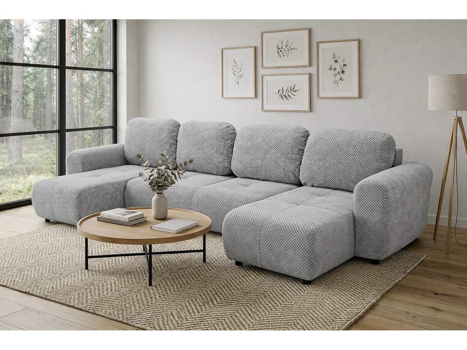 Stilvolles, ausziehbares Ecksofa BINGO U L 315x146 cm, in hellgrauem Stoff POP 3