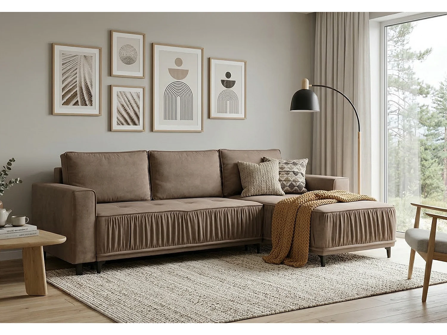 Elegantes Ecksofa rechts mit Schlaffunktion VIKI 238x143 cm, in braunem Stoff MONOLITH 15