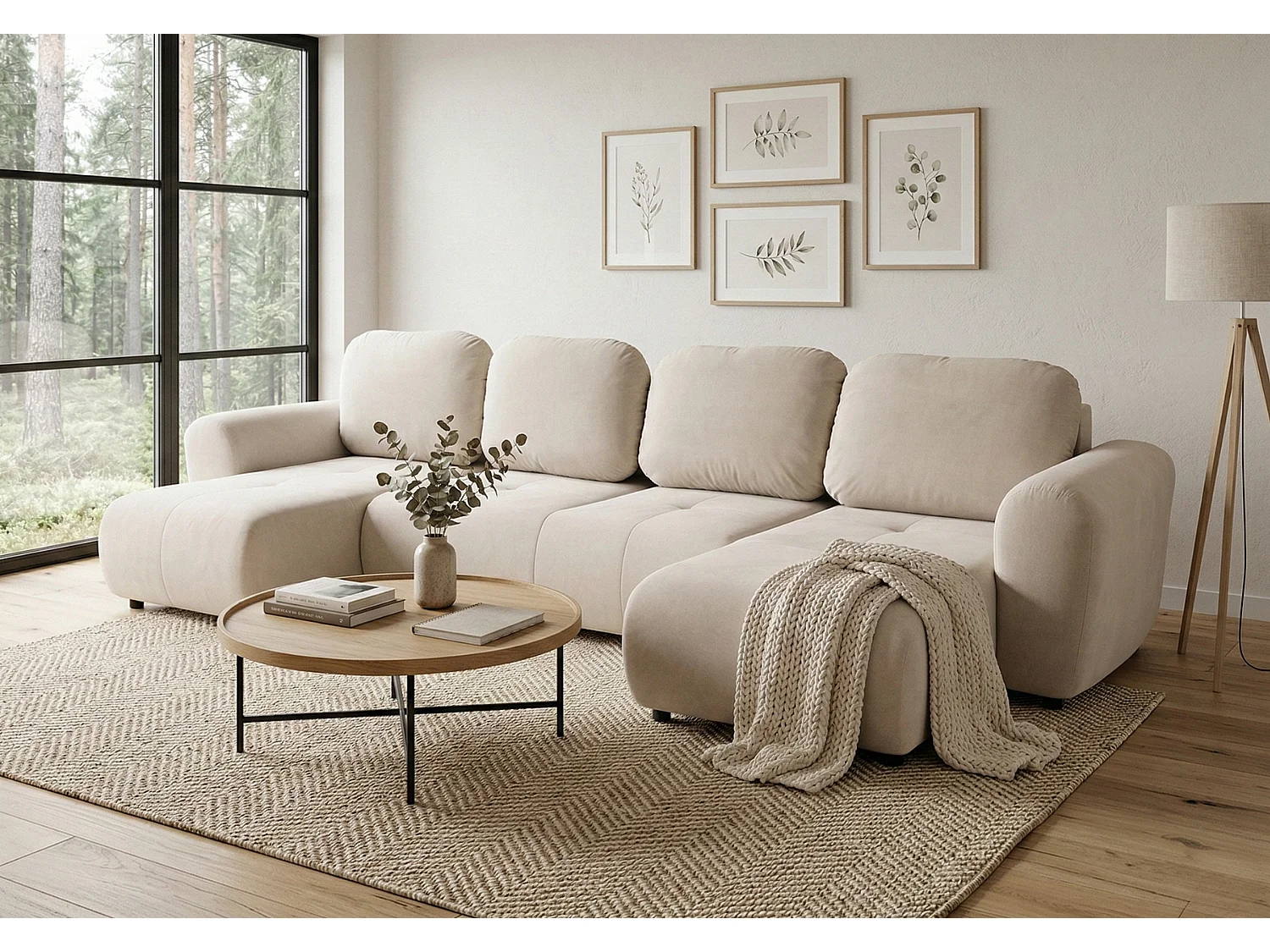 Stilvolles, ausziehbares Ecksofa BINGO U L 315x146 cm, in elfenbeinfarbenem Stoff PAROS 1