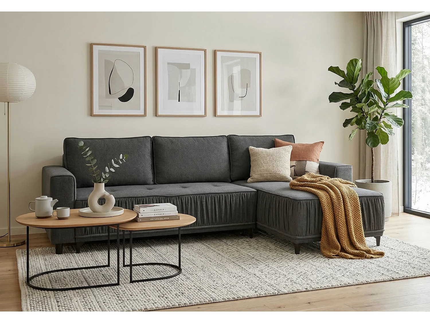 Elegantes Ecksofa rechts mit Schlaffunktion VIKI 238x143 cm, in grauem Stoff MONOLITH 92.