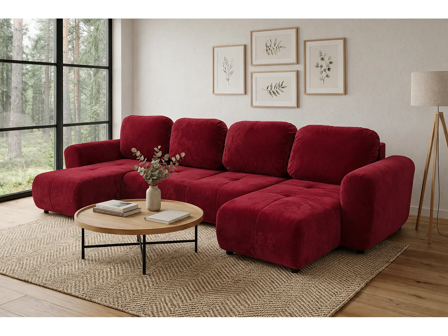 Stilvolles, ausziehbares Ecksofa BINGO U L 315x146 cm, in bordeauxrotem Stoff KRONOS 2