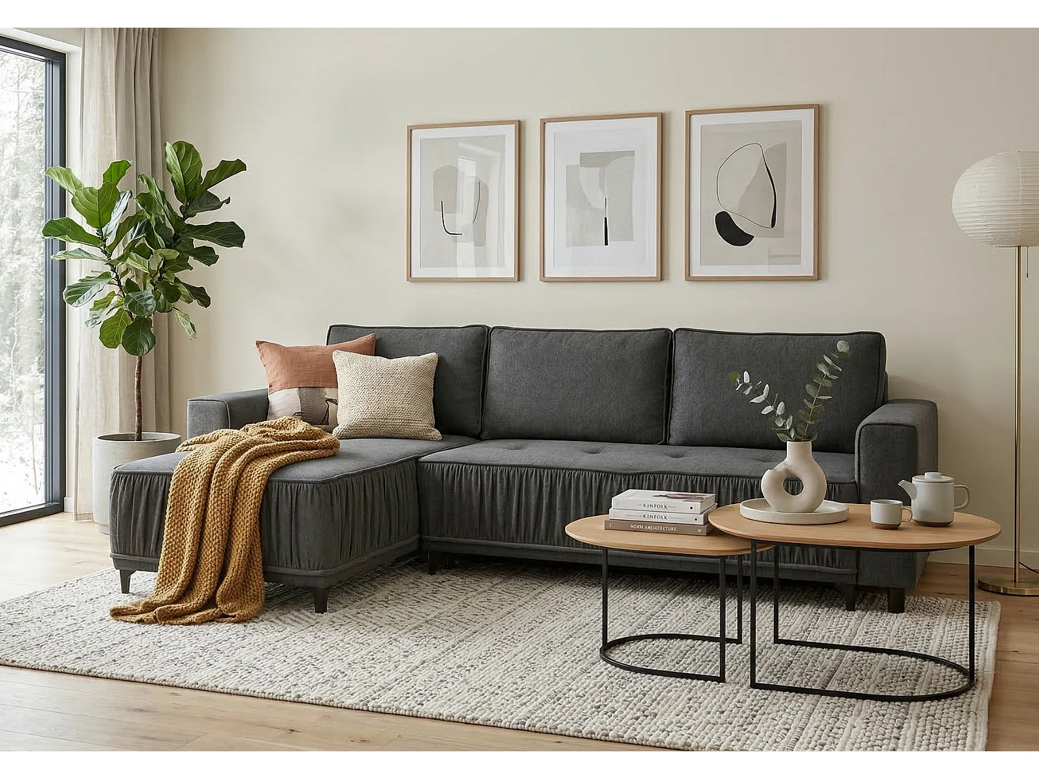 Elegantes Ecksofa links mit Schlaffunktion VIKI 238x143 cm, im grauen Stoff MONOLITH 92