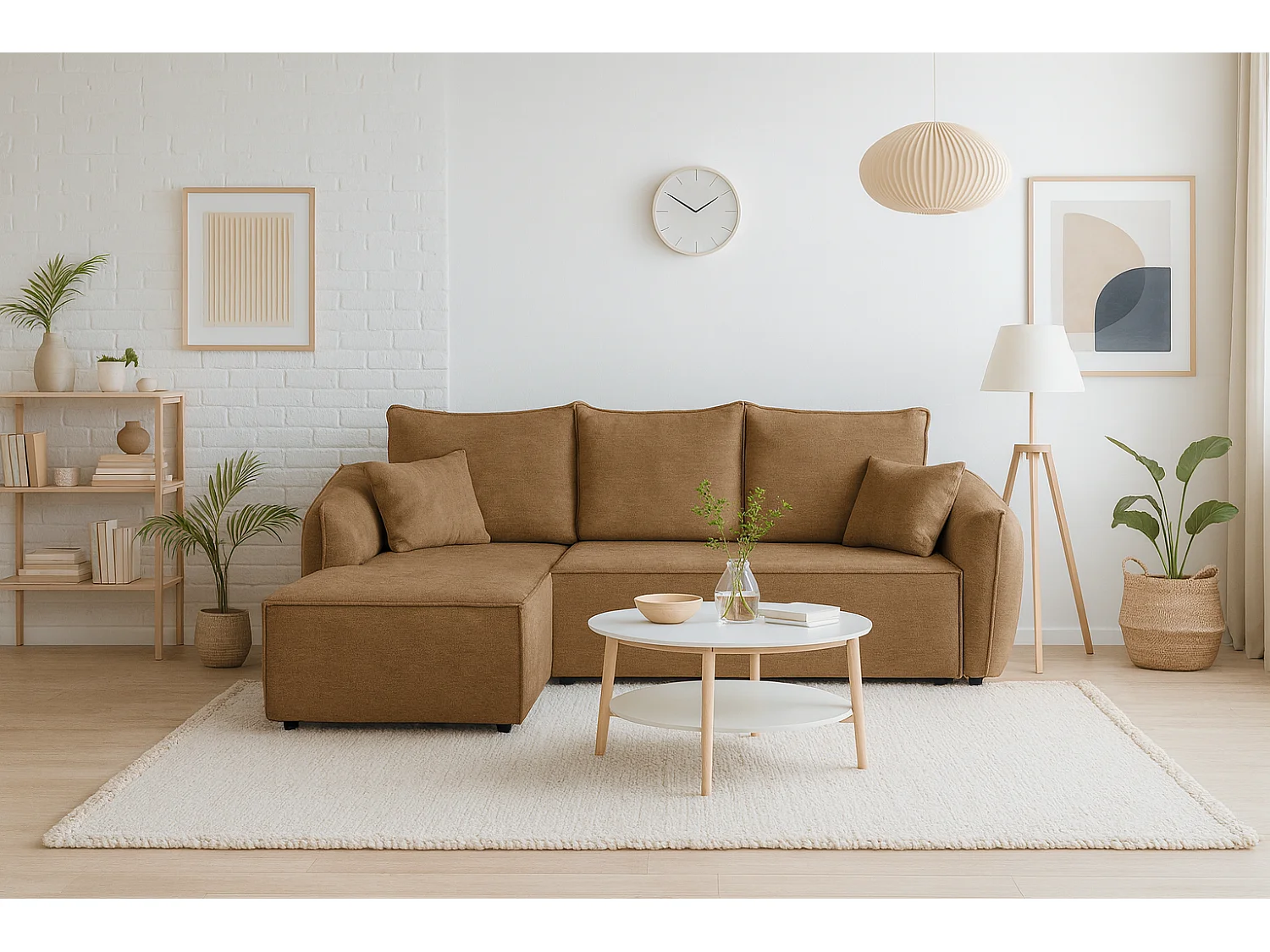 Modernes Ecksofa links SELLMA in karamellfarbenem Stoff RAVEN 34