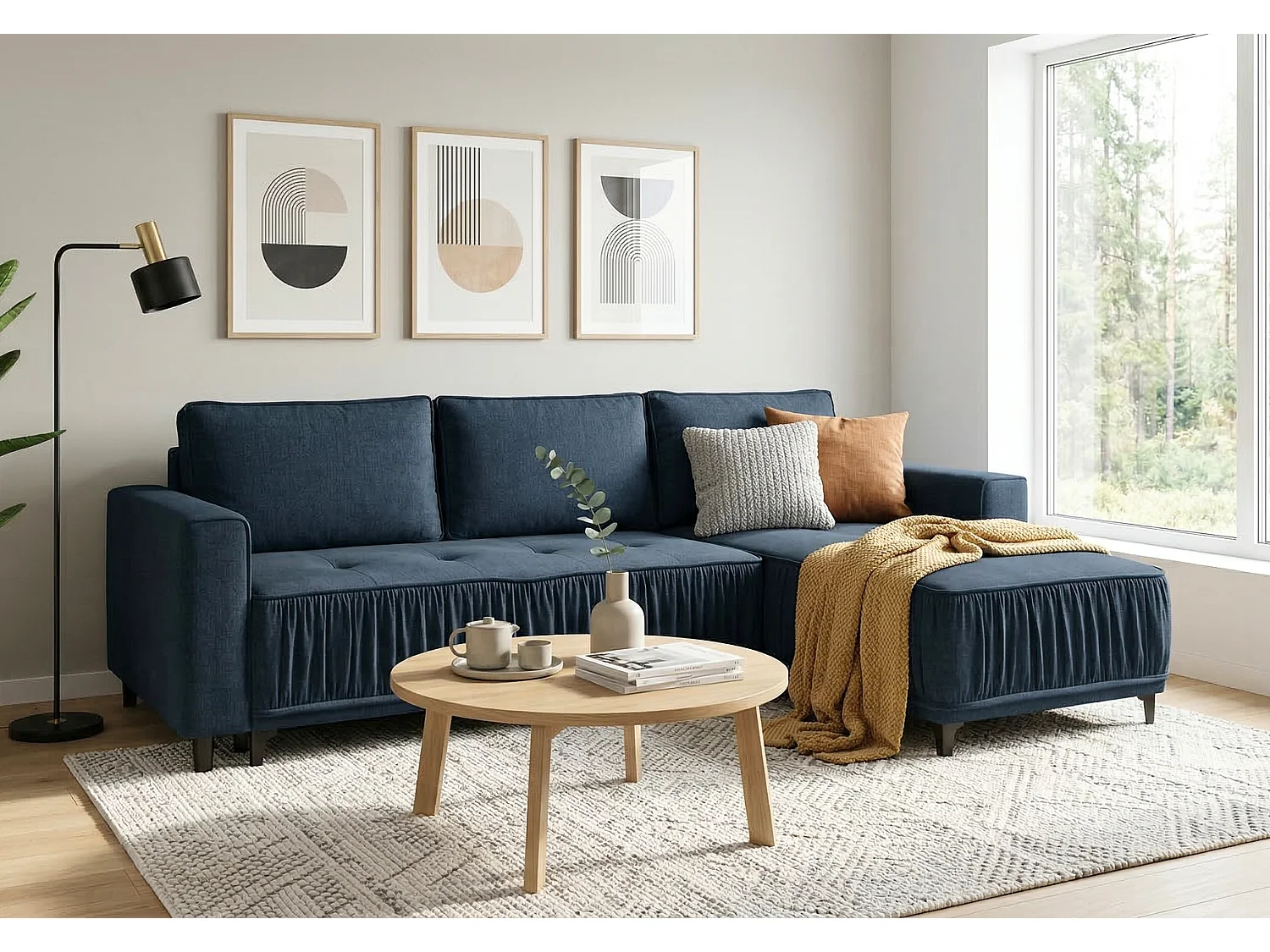 Elegantes Ecksofa rechts mit Schlaffunktion VIKI 238x143cm, Stoff MONOLITH 76 Blau