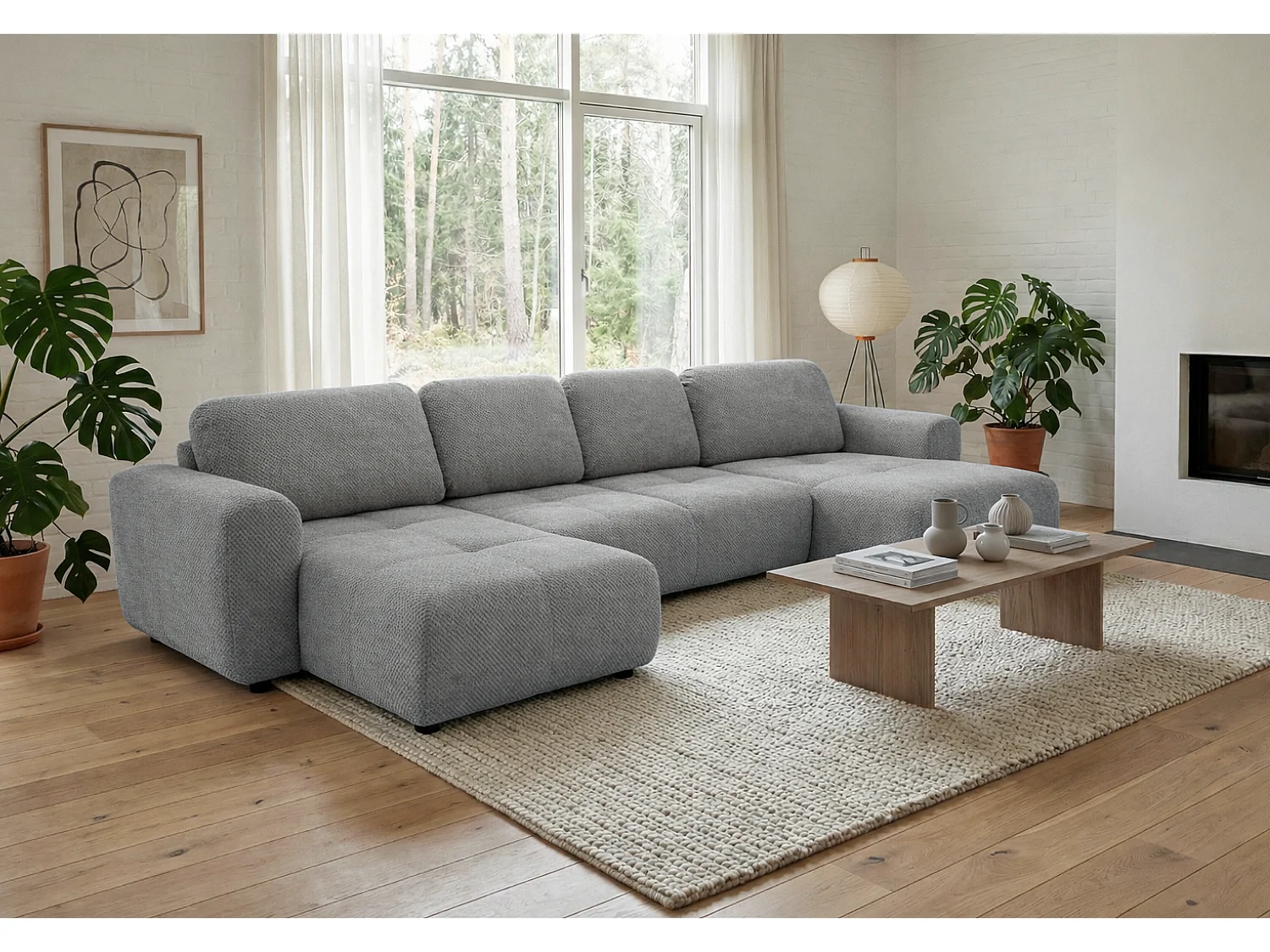 Stilvolles, ausziehbares Ecksofa BINGO U L 315x146 cm, in grauem Stoff POP 14