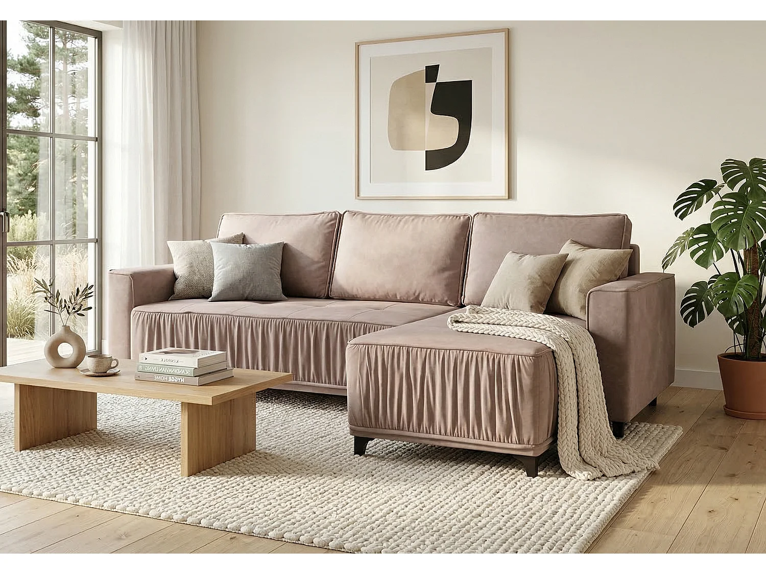 Elegantes Ecksofa rechts mit Schlaffunktion VIKI 238x143cm, in Stoff MONOLITH 62 lila