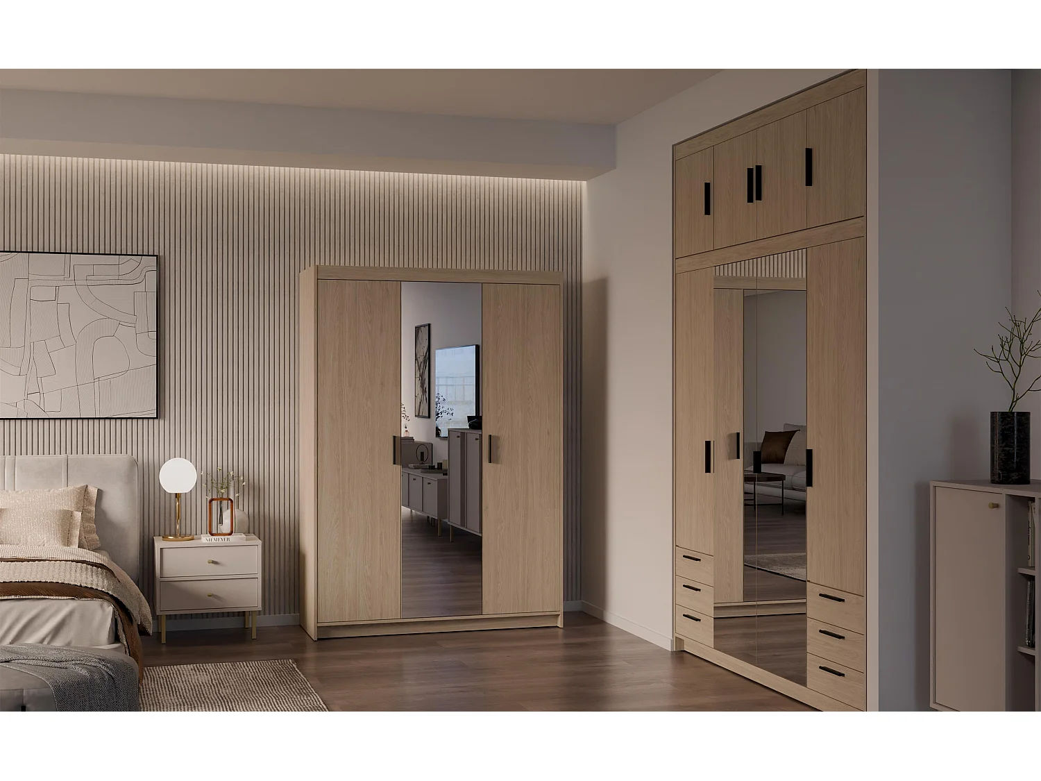 AX LIVING Armoire Storicos 3 portes avec miroir chêne huilé 133 cm