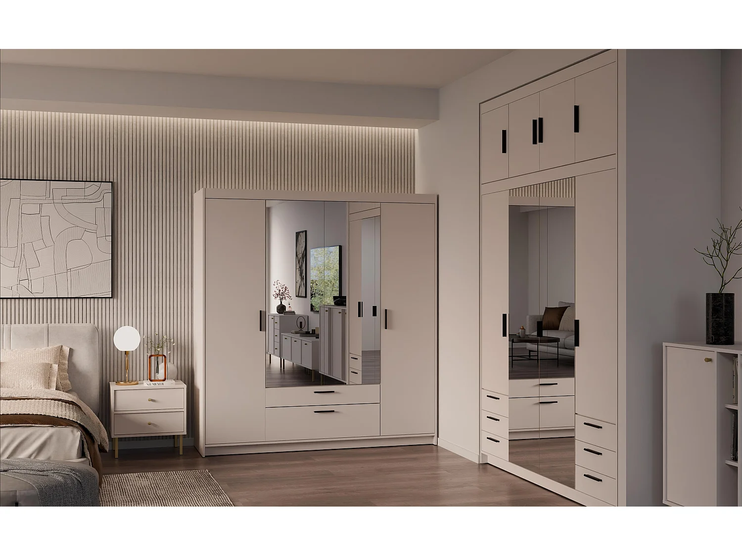 AX LIVING Armoire Storicos 4 portes avec miroir beige 176 cm