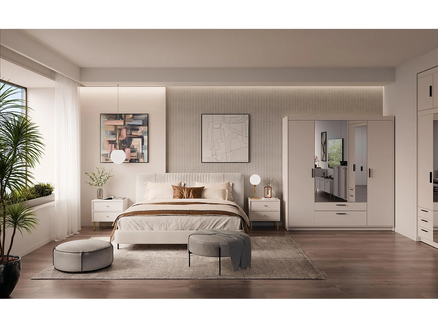 AX LIVING Armoire Storicos 4 portes avec miroir beige 176 cm