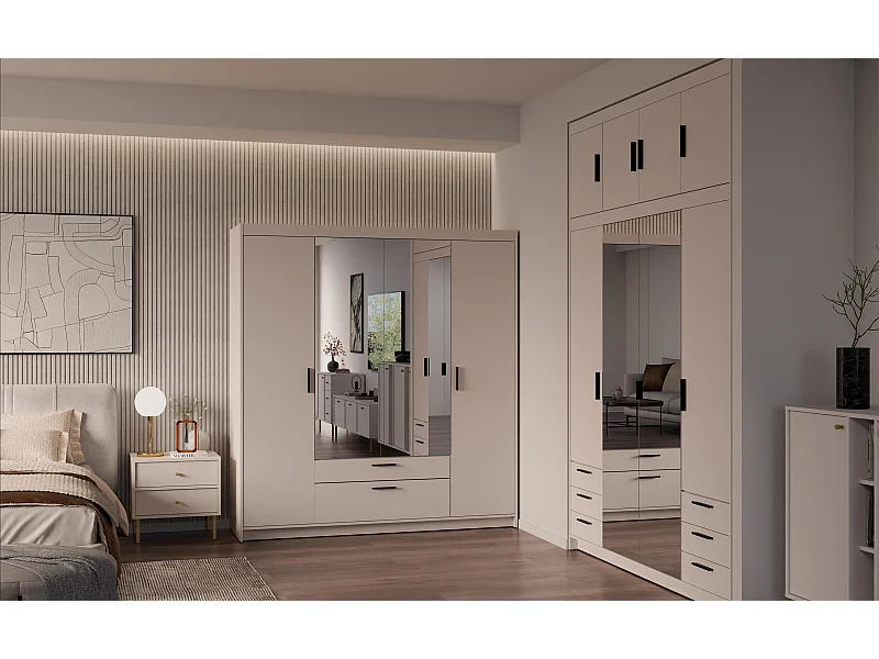 AX LIVING Armoire Storicos 4 portes avec miroir beige 176 cm