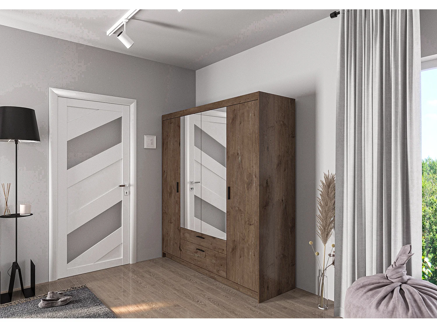 AX LIVING Armoire Storicos 4 portes avec miroir chêne Lefkas 176 cm