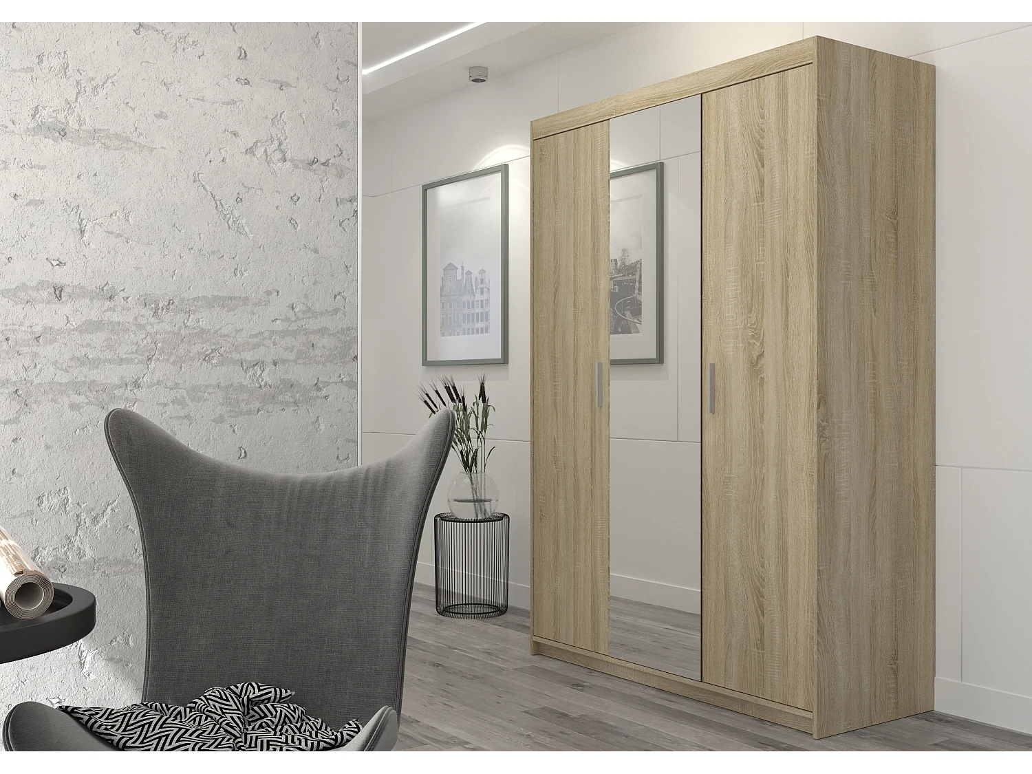 AX LIVING Armoire Storicos 3 portes avec miroir chêne Sonoma 133 cm