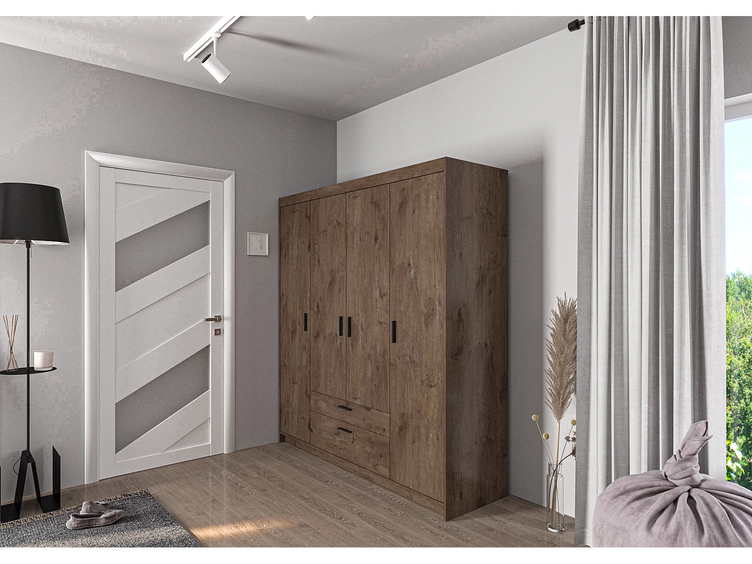 AX LIVING Armoire Storicos 4 portes chêne Lefkas 176 cm avec tiroirs