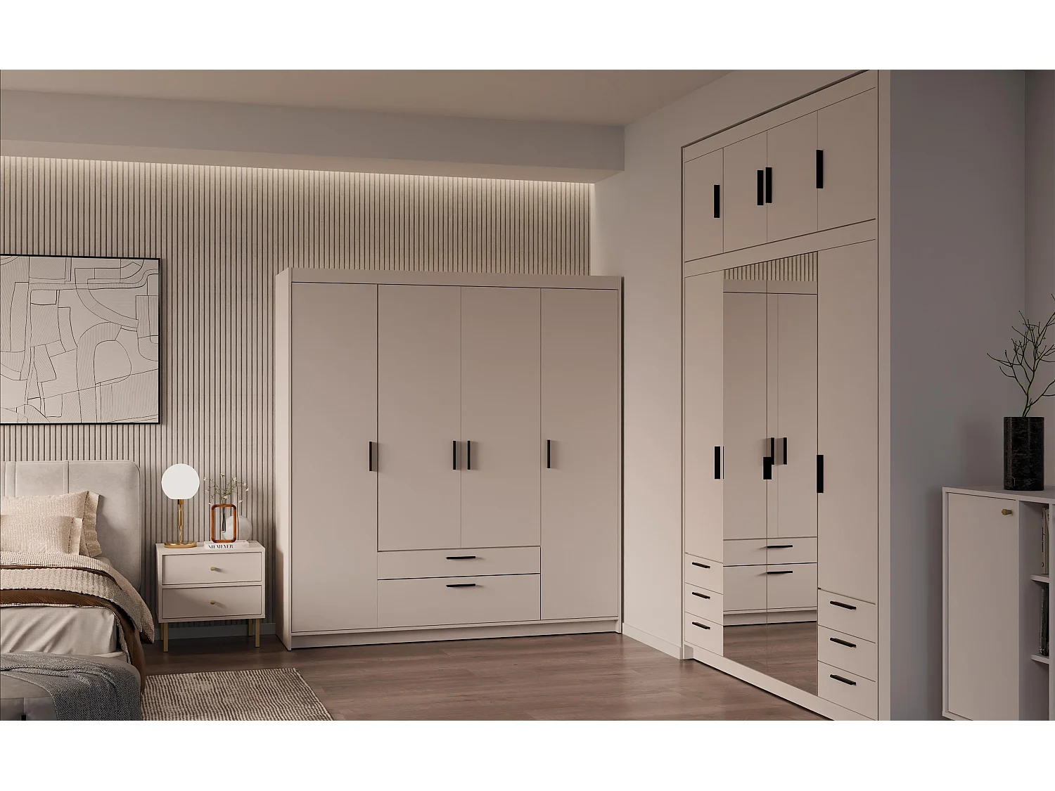 AX LIVING Armoire Storicos 4 portes beige 176 cm avec tiroirs