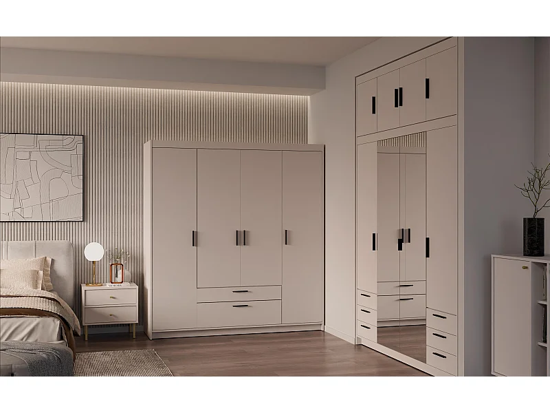AX LIVING Armoire Storicos 4 portes beige 176 cm avec tiroirs