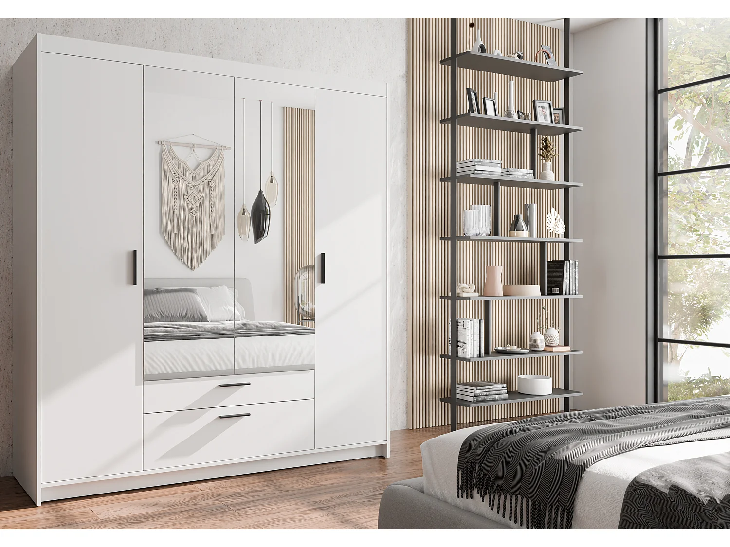 AX LIVING Armoire Storicos 4 portes avec miroir blanc 176 cm