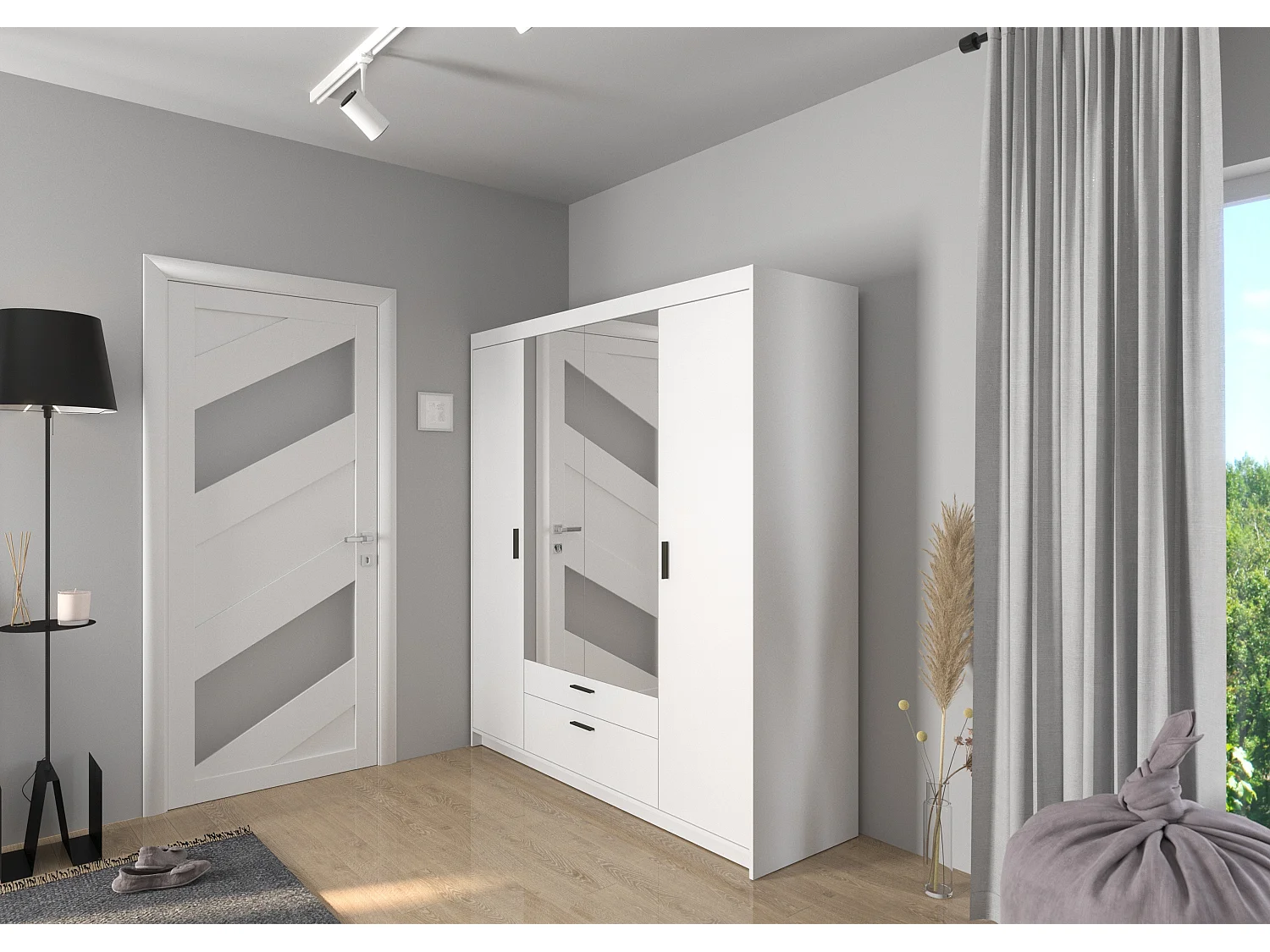 AX LIVING Armoire Storicos 4 portes avec miroir blanc 176 cm