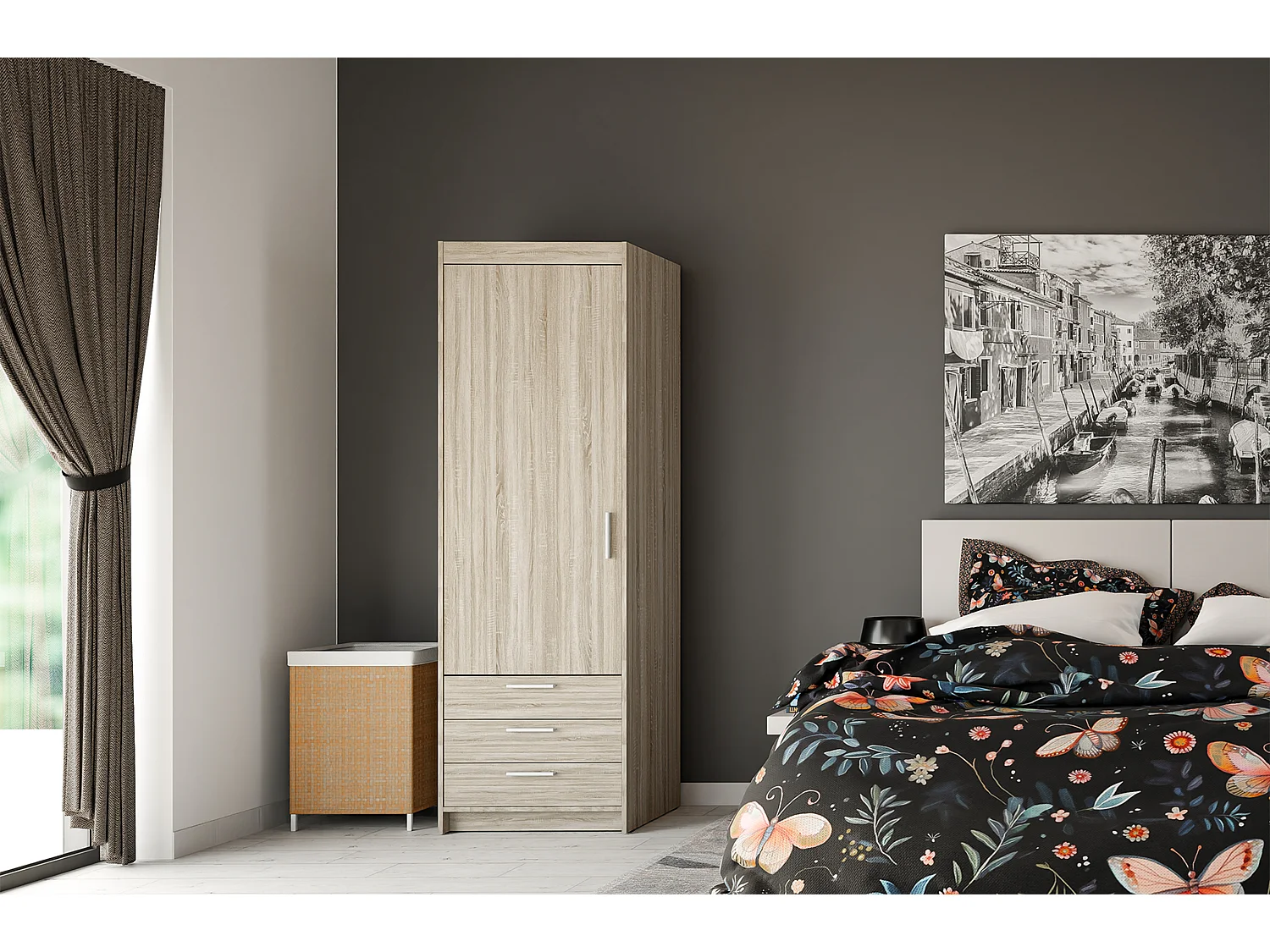 AX LIVING Armoire chambre Storicos 1 porte 3 tiroirs chêne Sonoma 60 cm