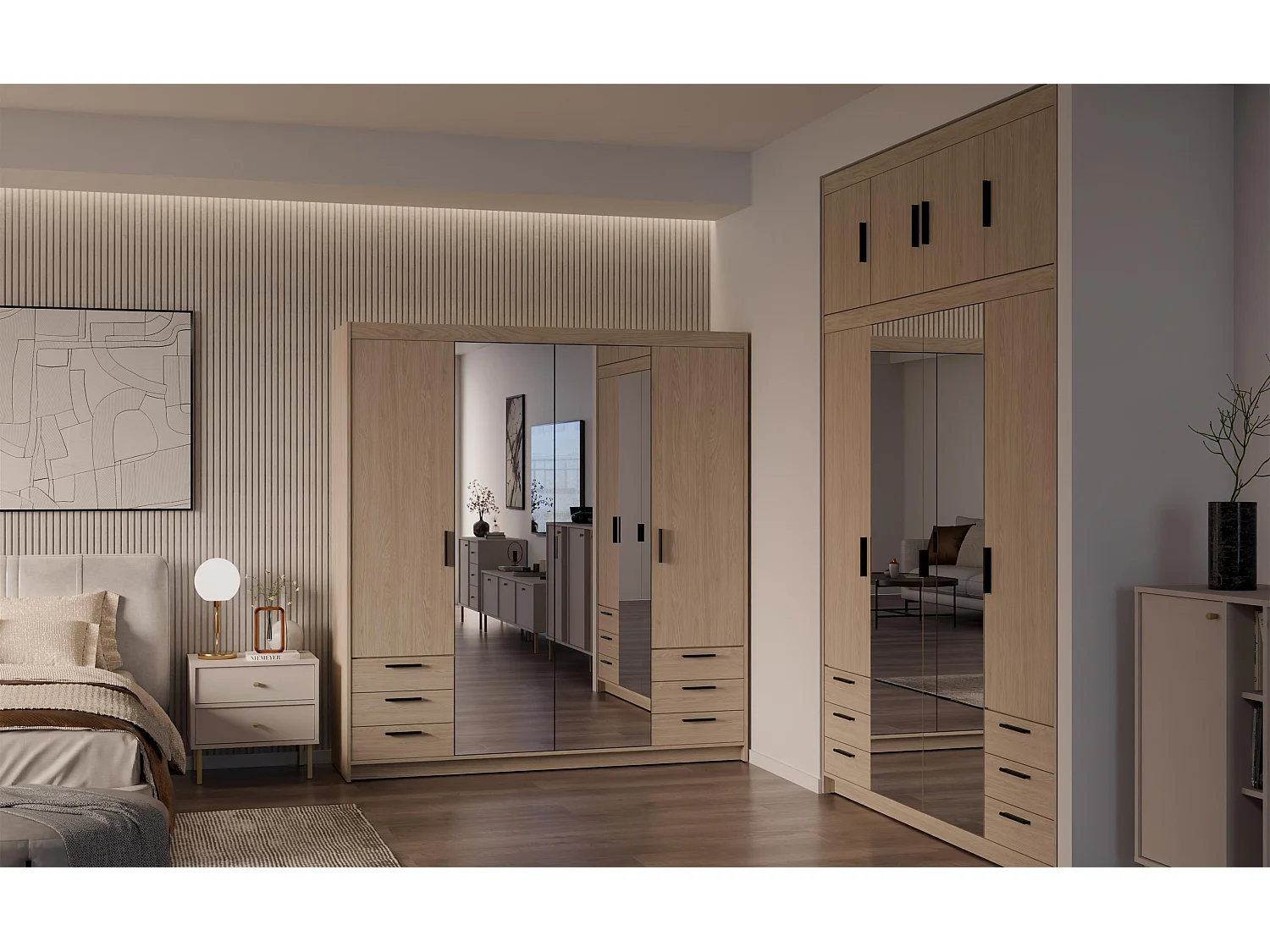 AX LIVING Armoire Storicos 4 portes 6 tiroirs avec miroir chêne huilé 176 cm