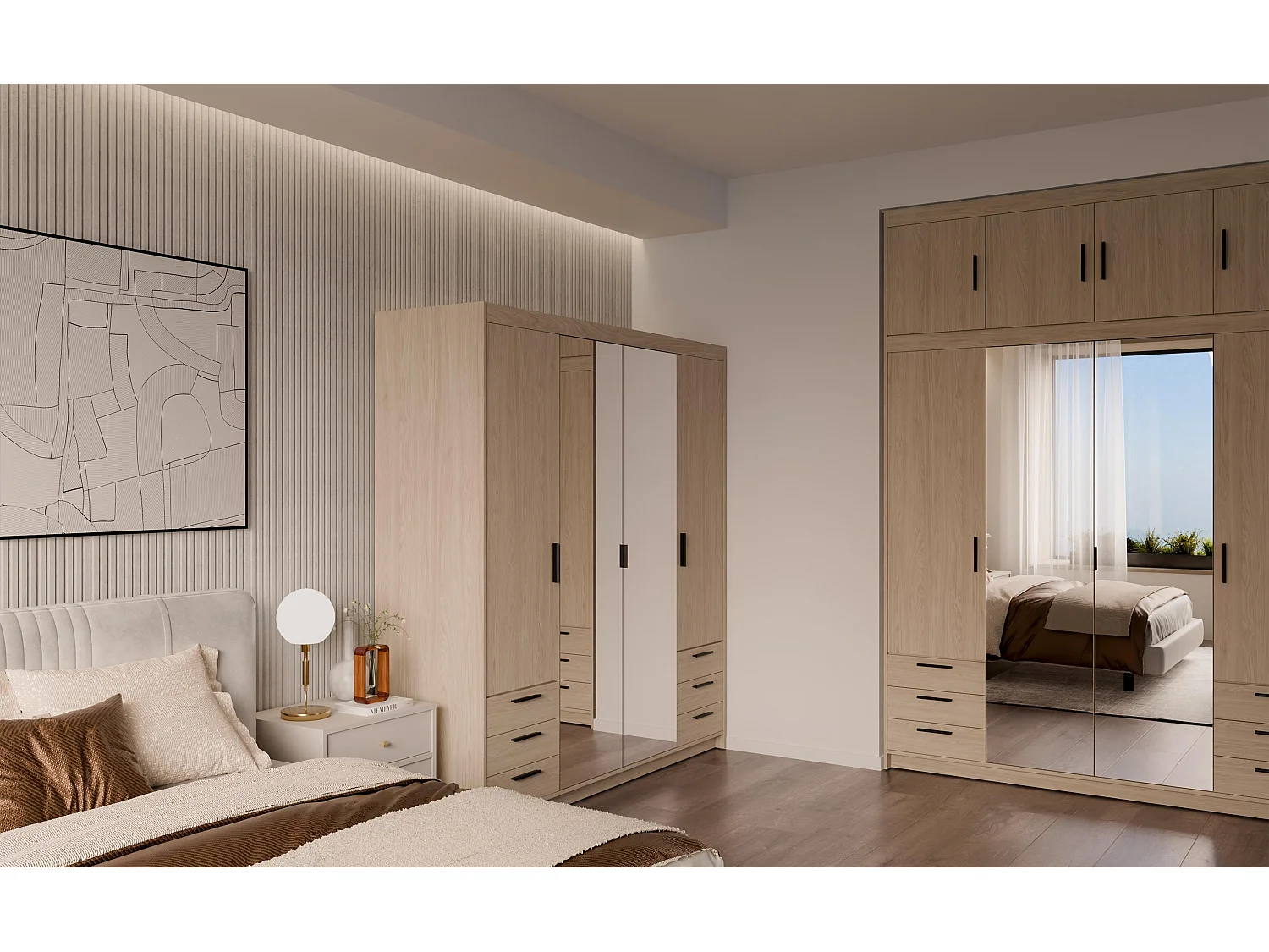 AX LIVING Armoire Storicos 4 portes 6 tiroirs avec miroir chêne huilé 176 cm