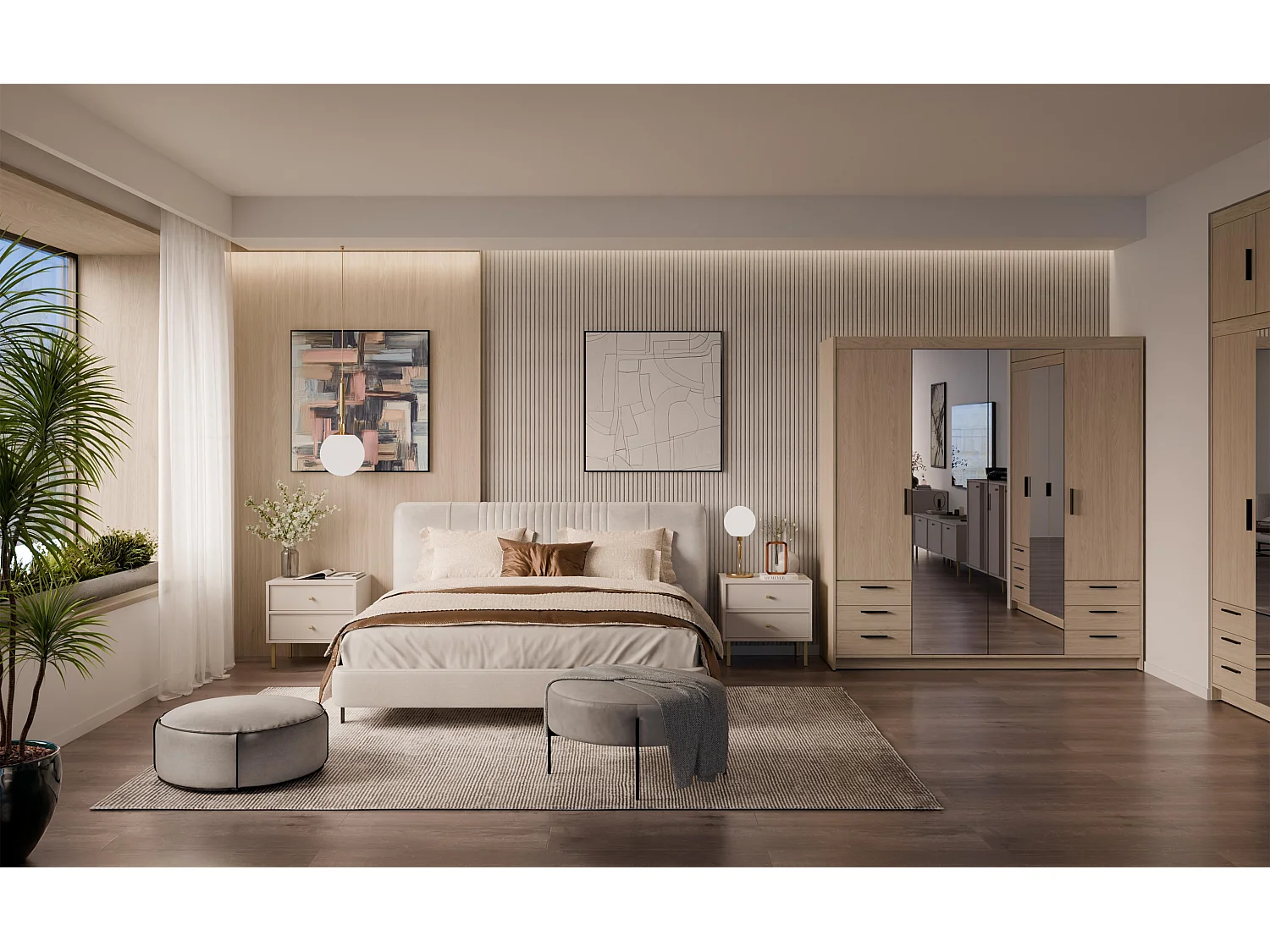 AX LIVING Armoire Storicos 4 portes 6 tiroirs avec miroir chêne huilé 176 cm