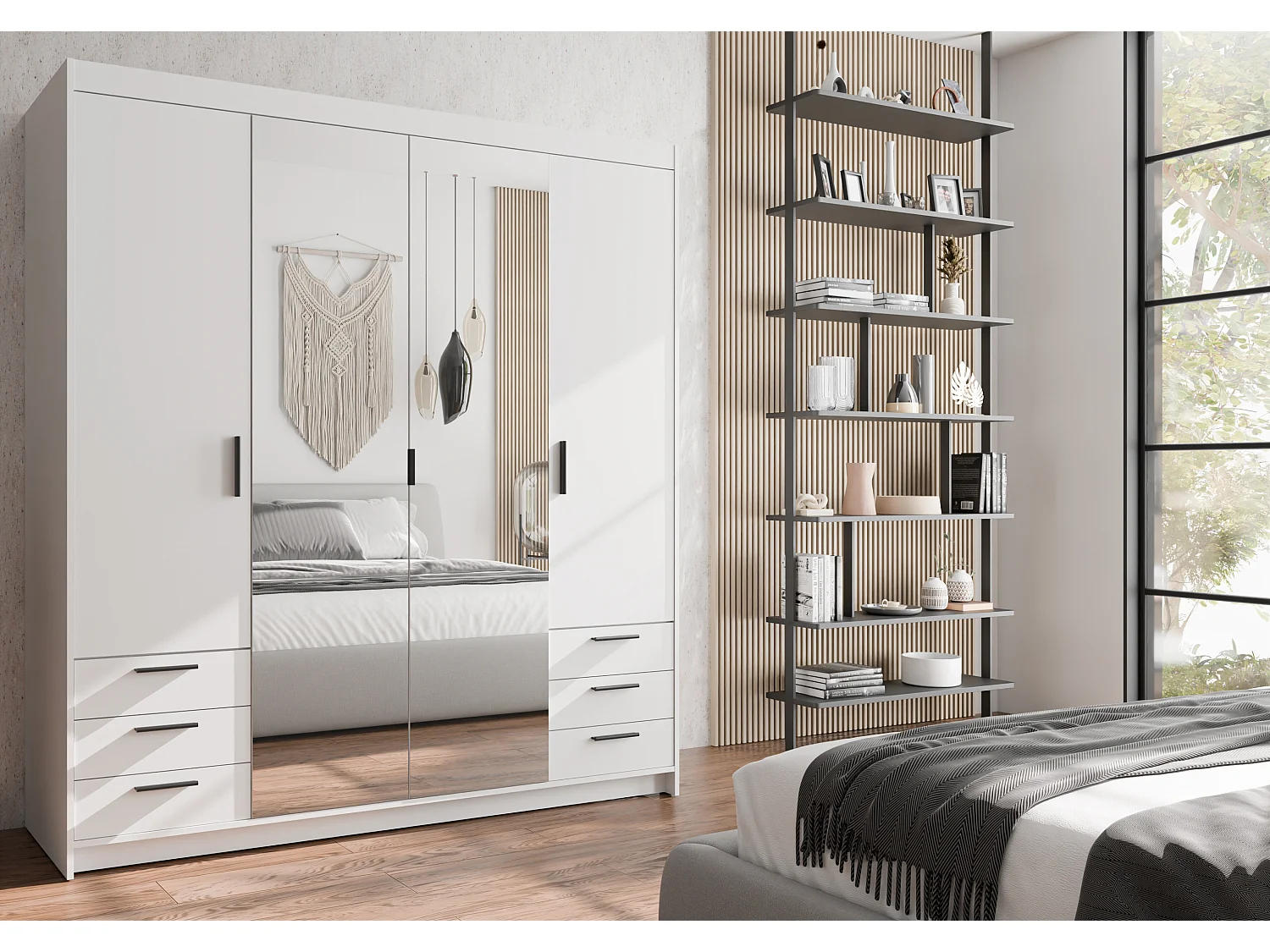 AX LIVING Armoire Storicos 4 portes 6 tiroirs avec miroir blanc 176 cm