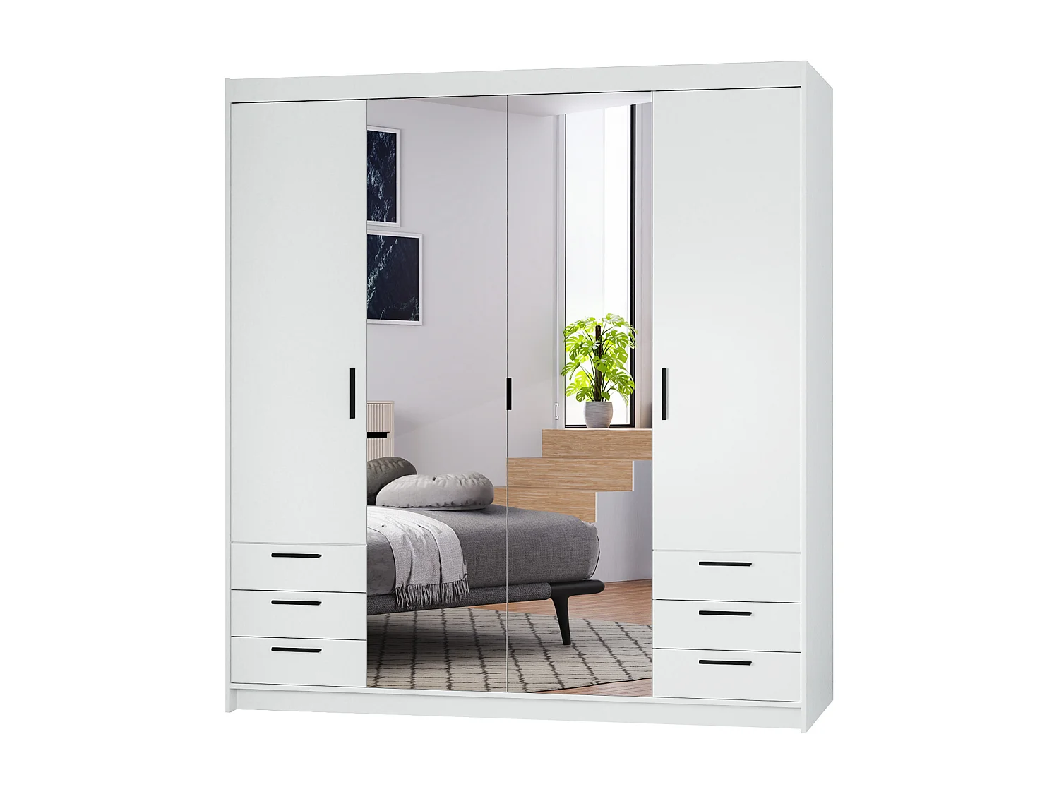 AX LIVING Armoire Storicos 4 portes 6 tiroirs avec miroir blanc 176 cm