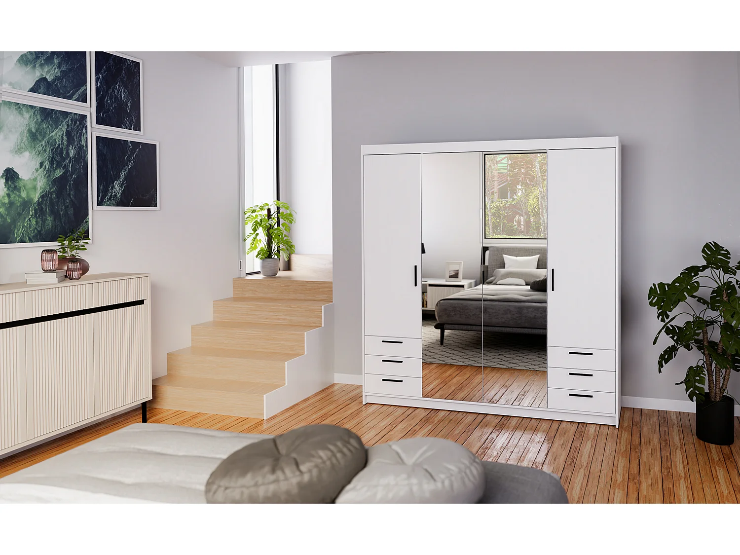 AX LIVING Armoire Storicos 4 portes 6 tiroirs avec miroir blanc 176 cm