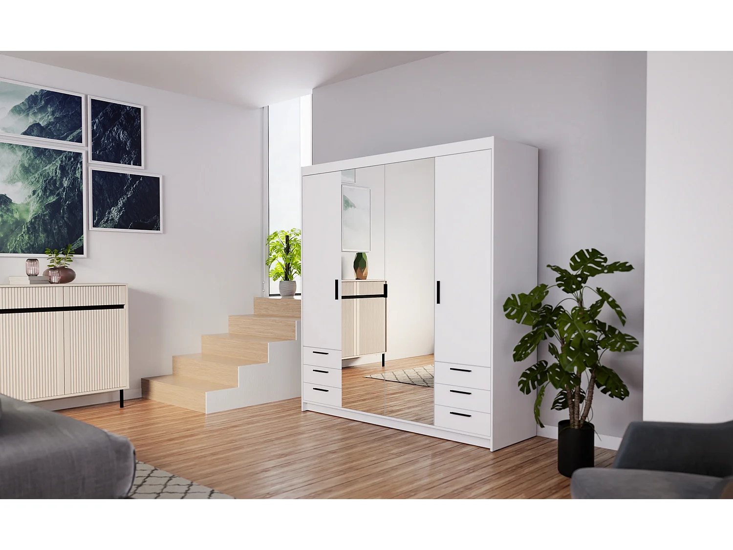 AX LIVING Armoire Storicos 4 portes 6 tiroirs avec miroir blanc 176 cm