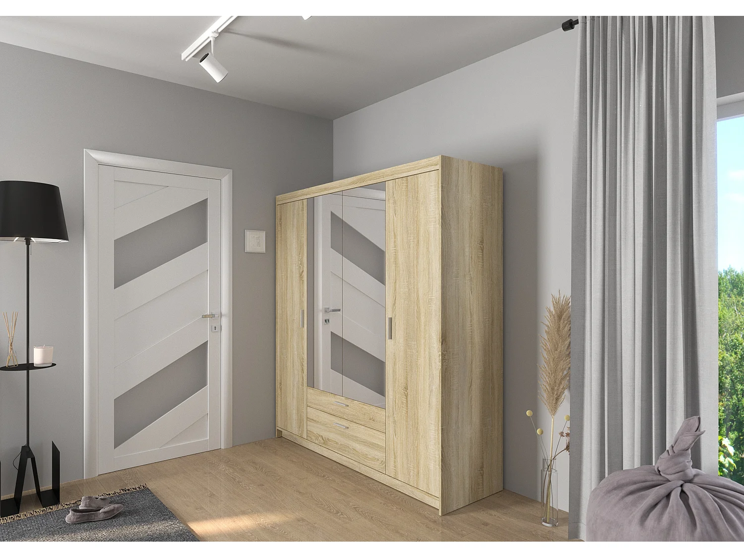 AX LIVING Armoire Storicos 4 portes avec miroir chêne Sonoma 176 cm