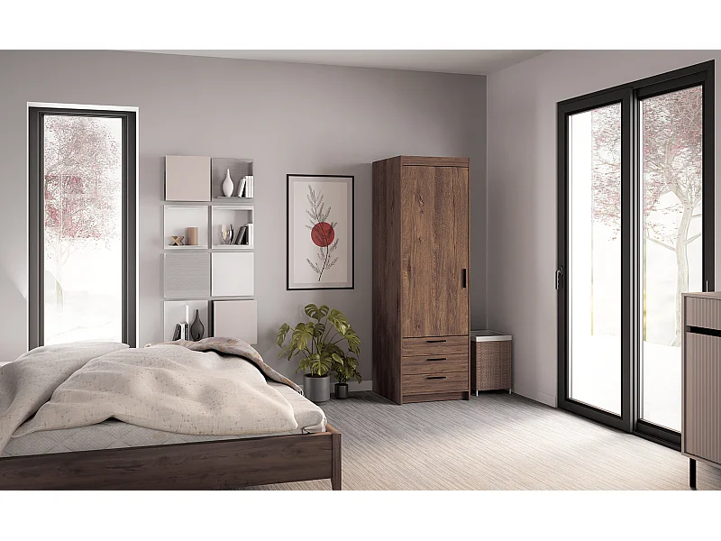 AX LIVING Armoire chambre Storicos 1 porte 3 tiroirs chêne Lefkas 60 cm