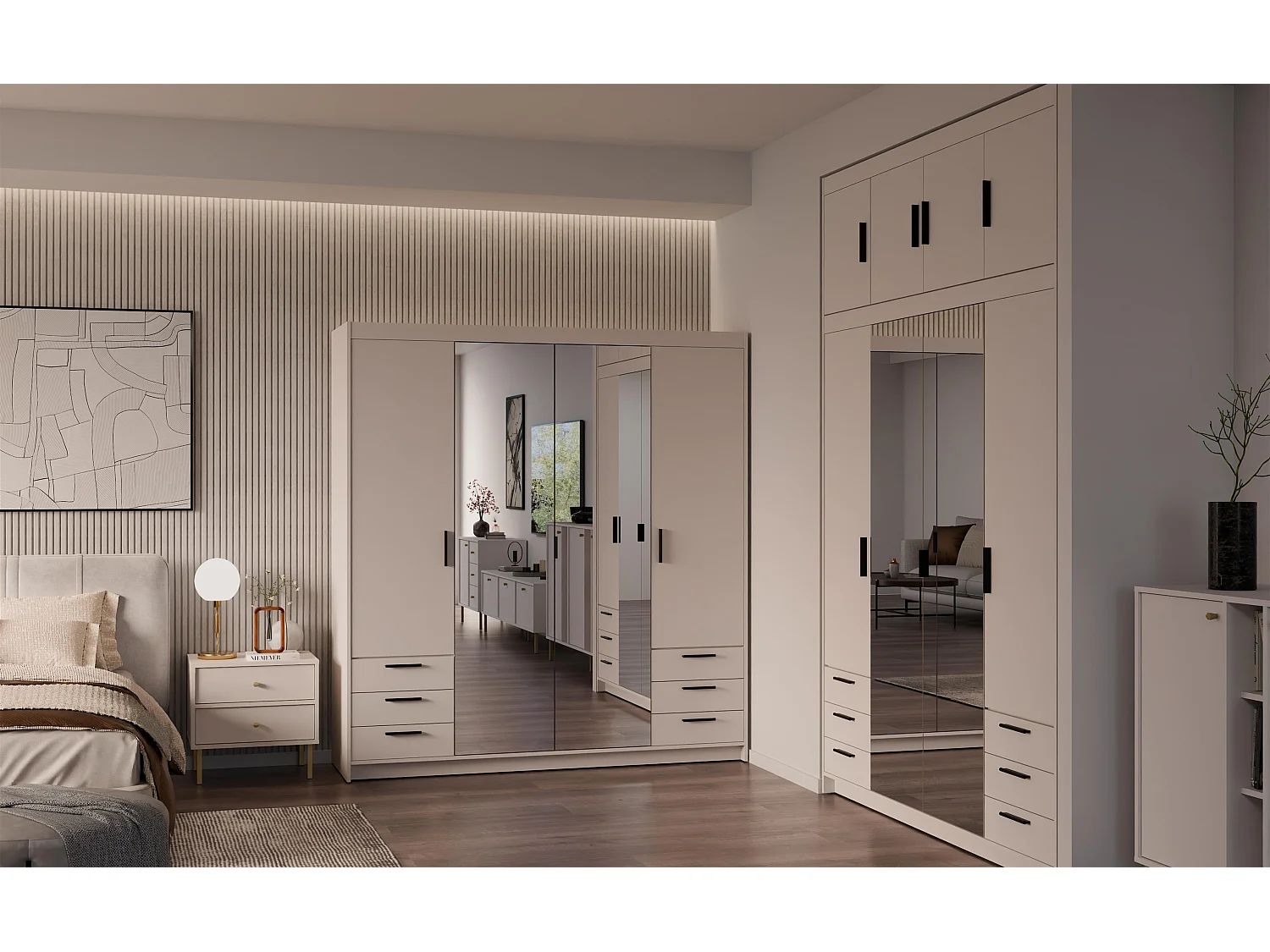 AX LIVING Armoire Storicos 4 portes 6 tiroirs avec miroir beige 176 cm