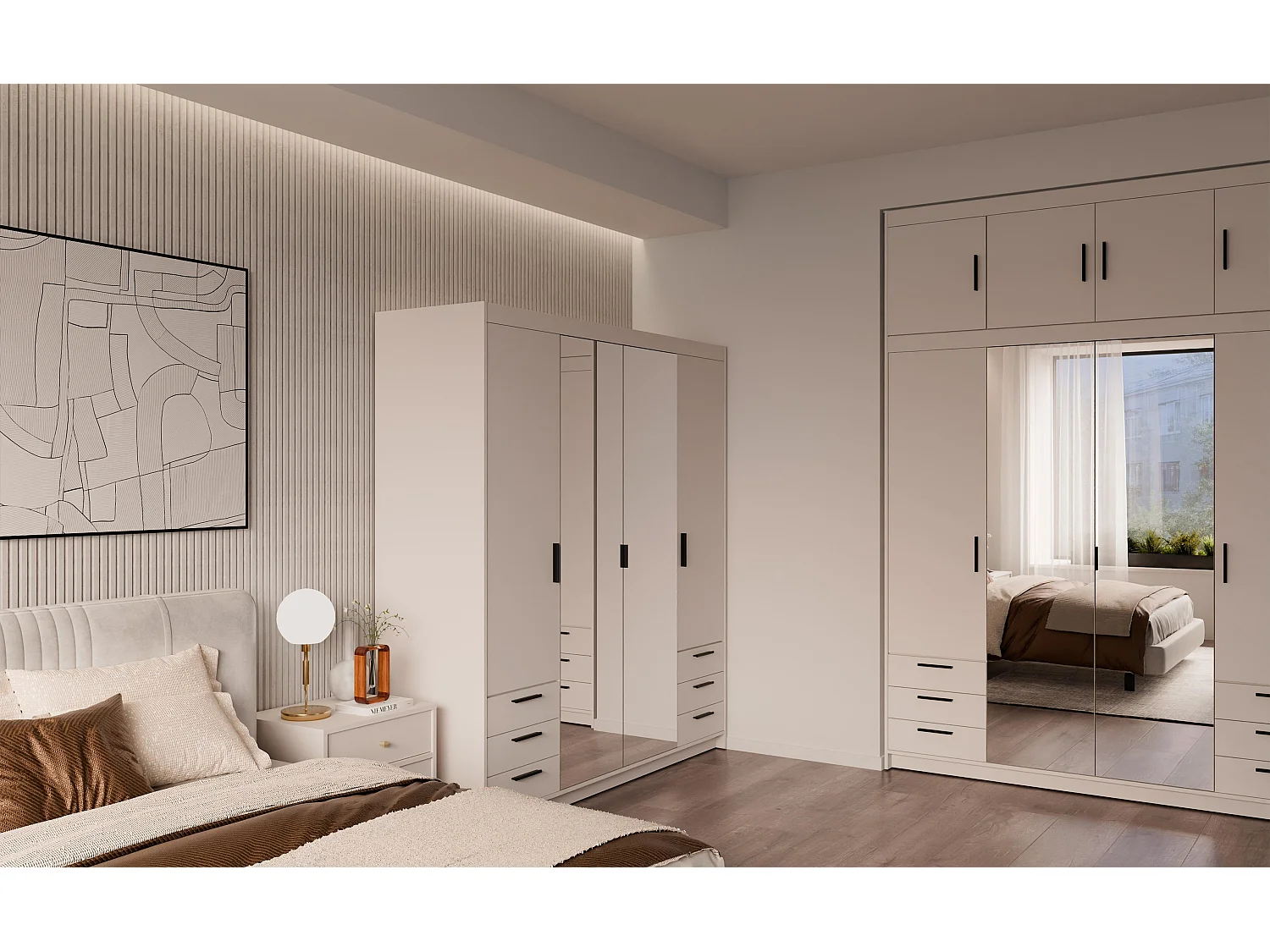 AX LIVING Armoire Storicos 4 portes 6 tiroirs avec miroir beige 176 cm