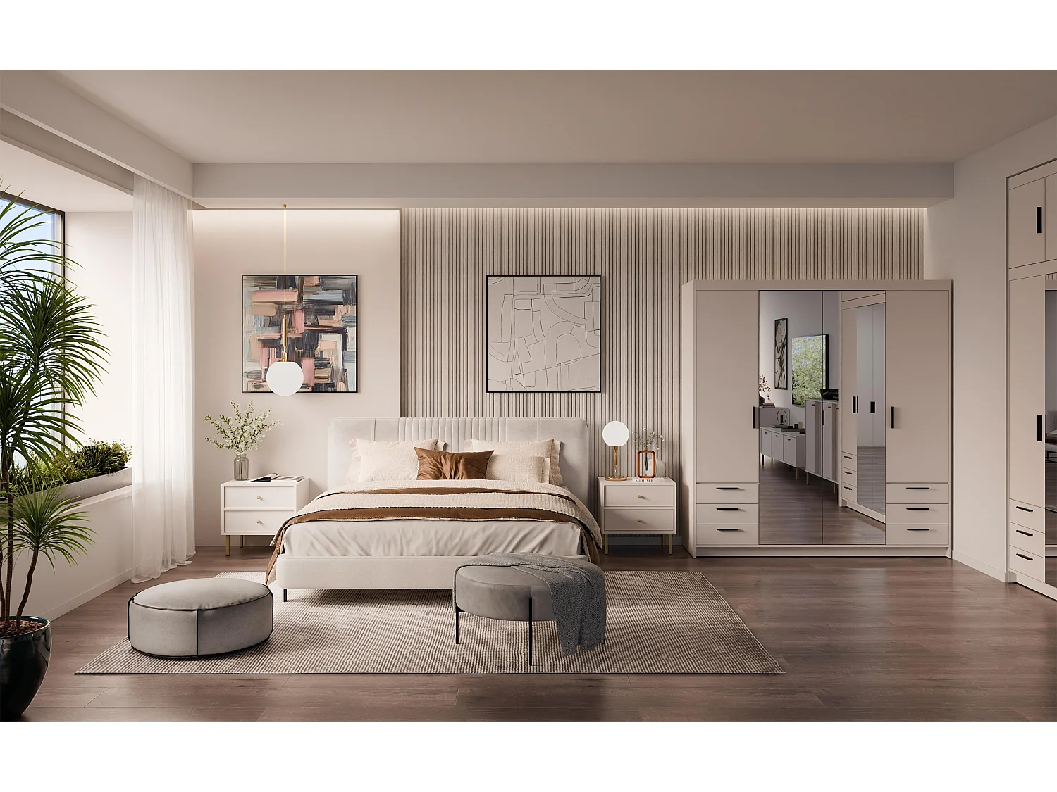 AX LIVING Armoire Storicos 4 portes 6 tiroirs avec miroir beige 176 cm