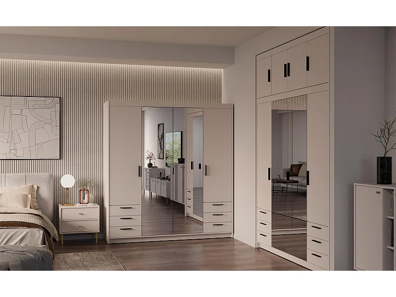 AX LIVING Armoire Storicos 4 portes 6 tiroirs avec miroir beige 176 cm