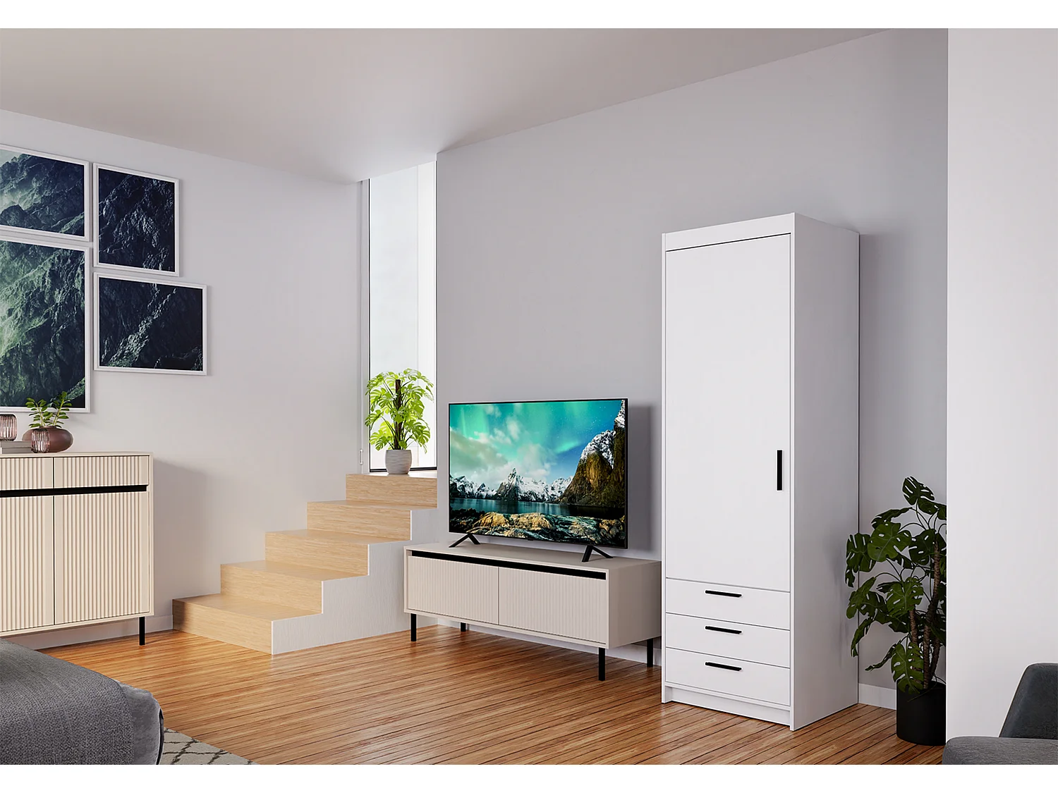 AX LIVING Armoire Storicos 1 porte 3 tiroirs blanc 60 cm moderne