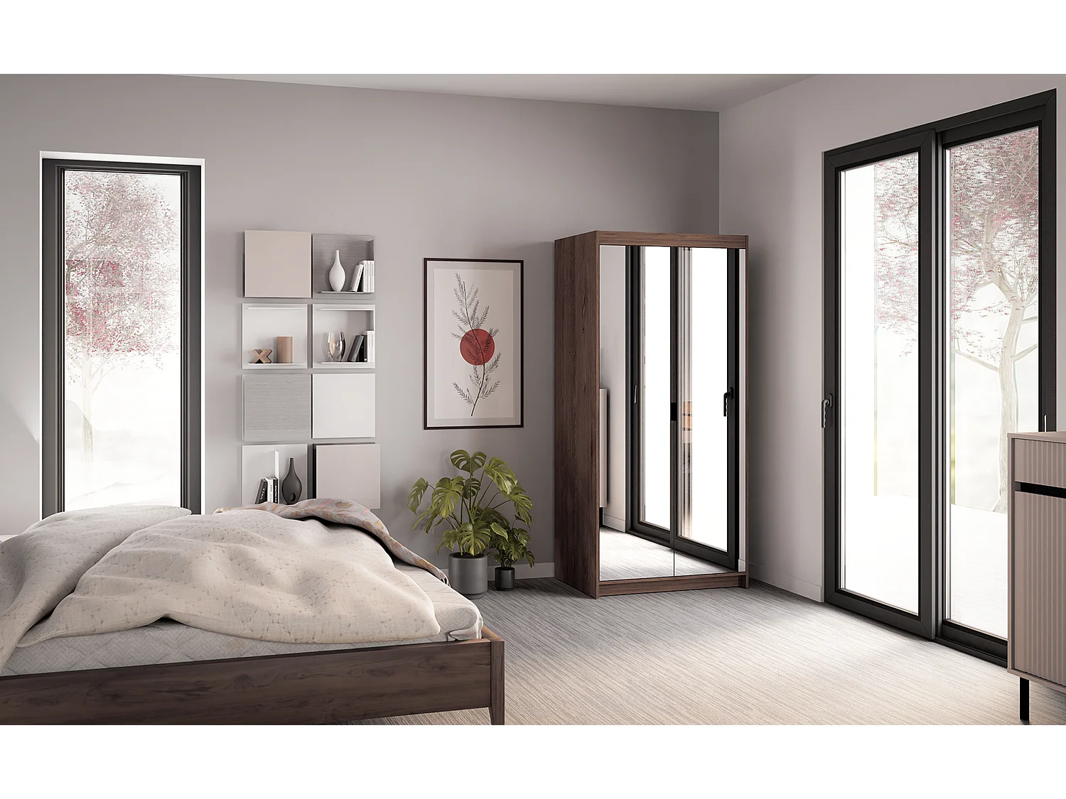 AX LIVING Armoire Storicos 2 portes avec miroir chêne Lefkas 90 cm
