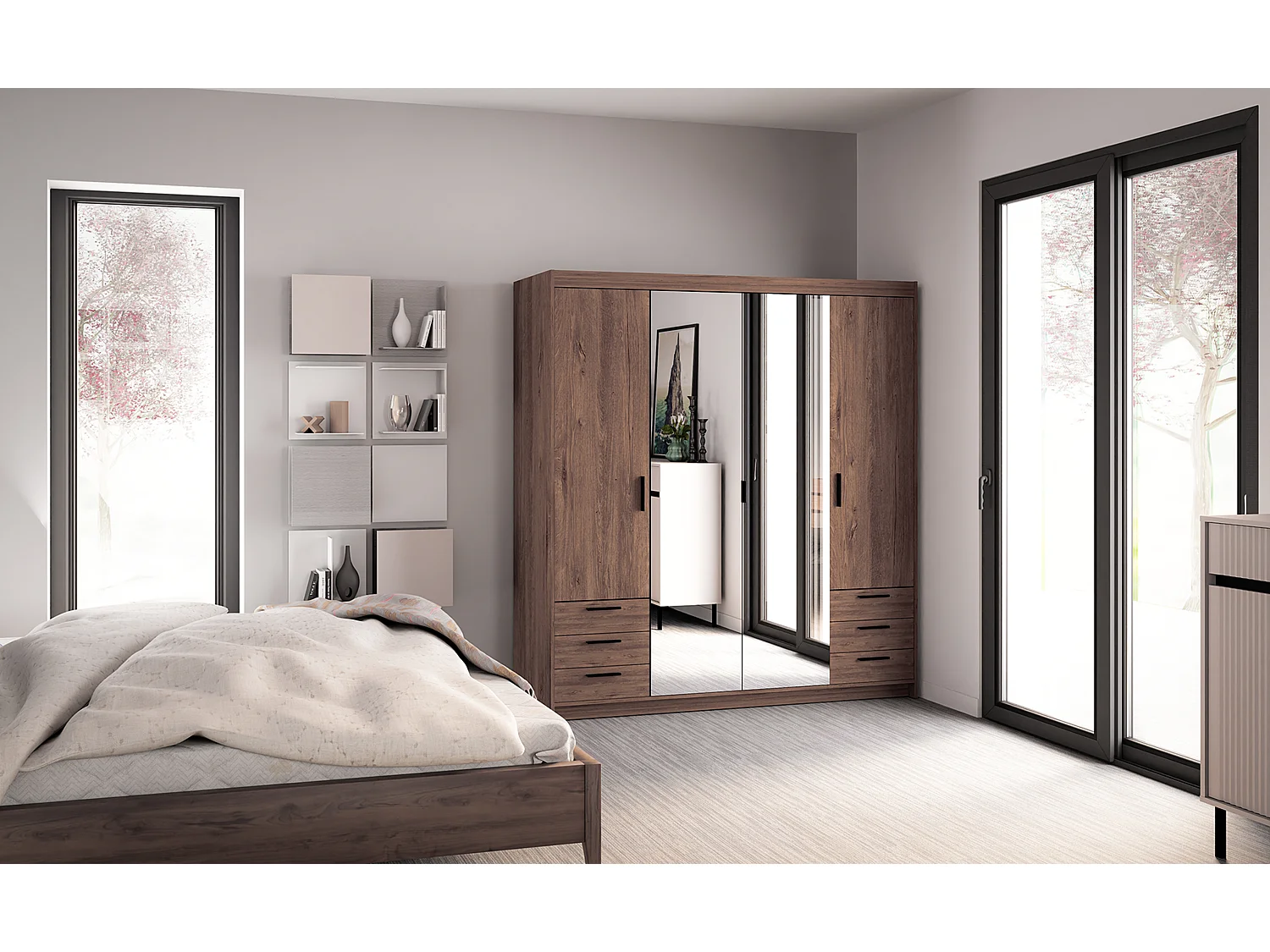 AX LIVING Armoire Storicos 4 portes 6 tiroirs avec miroir chêne Lefkas 176 cm