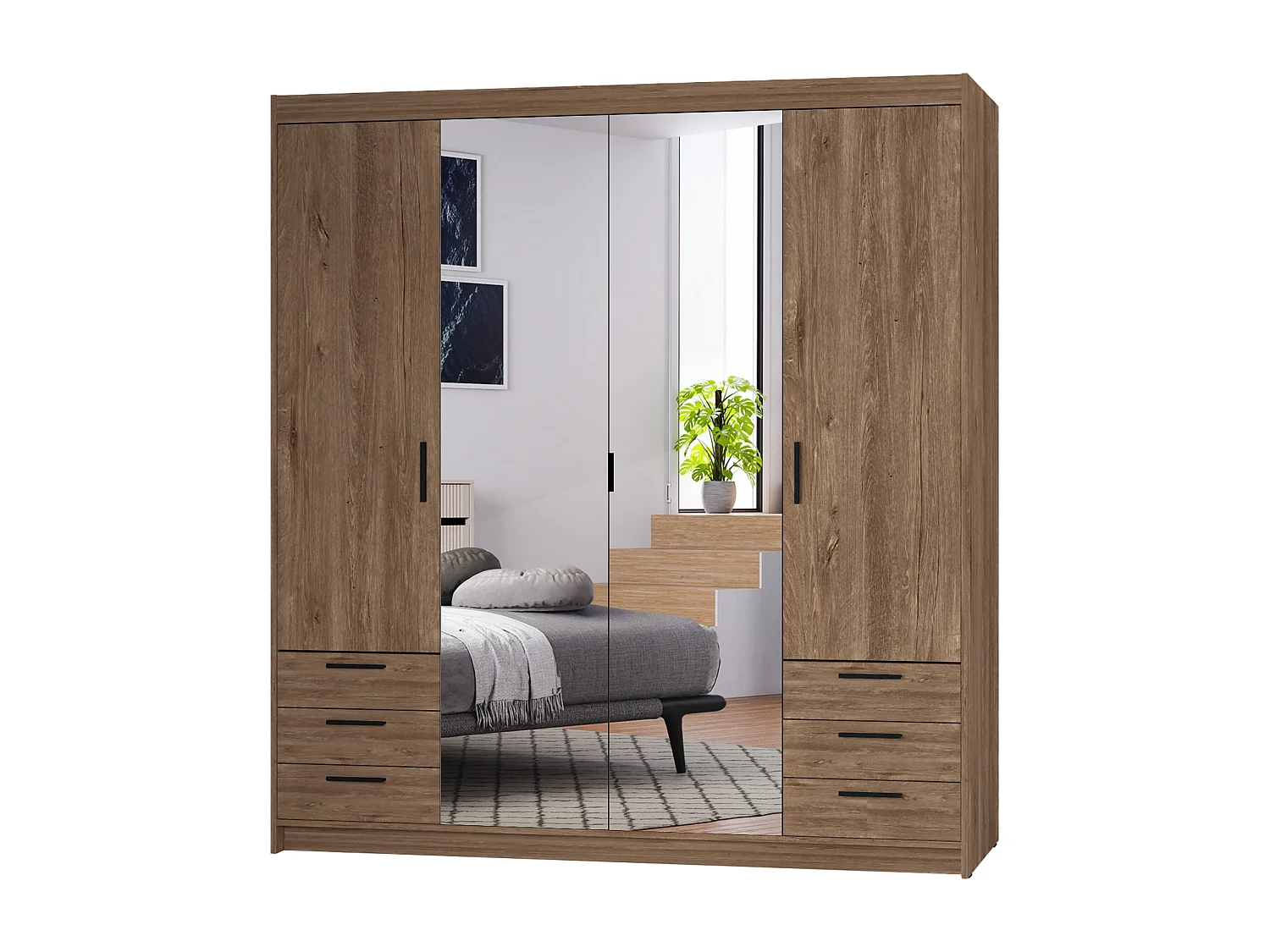 AX LIVING Armoire Storicos 4 portes 6 tiroirs avec miroir chêne Lefkas 176 cm