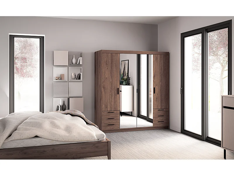 AX LIVING Armoire Storicos 4 portes 6 tiroirs avec miroir chêne Lefkas 176 cm