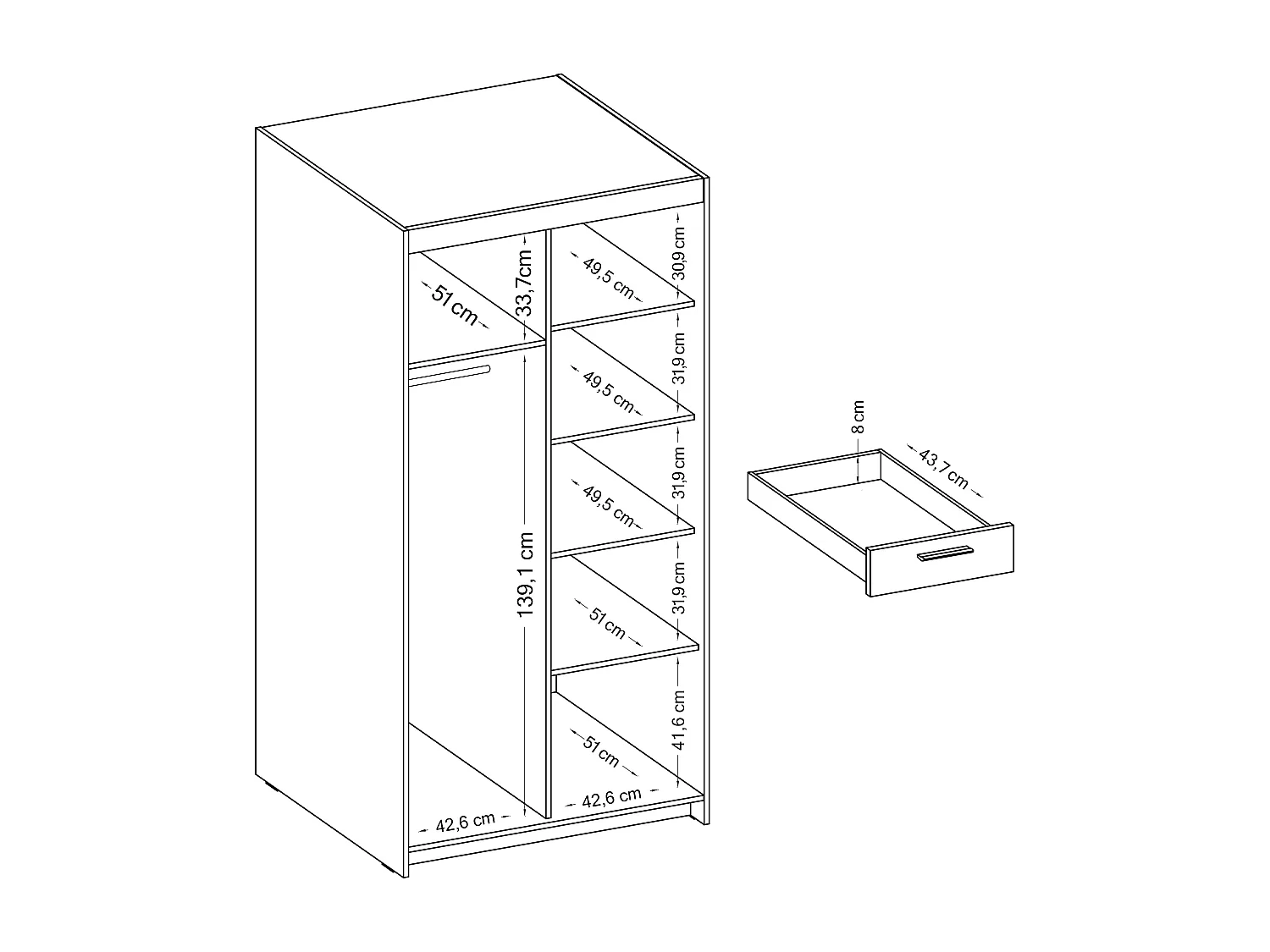 AX LIVING Armoire Storicos 2 portes 3 tiroirs blanc 90 cm