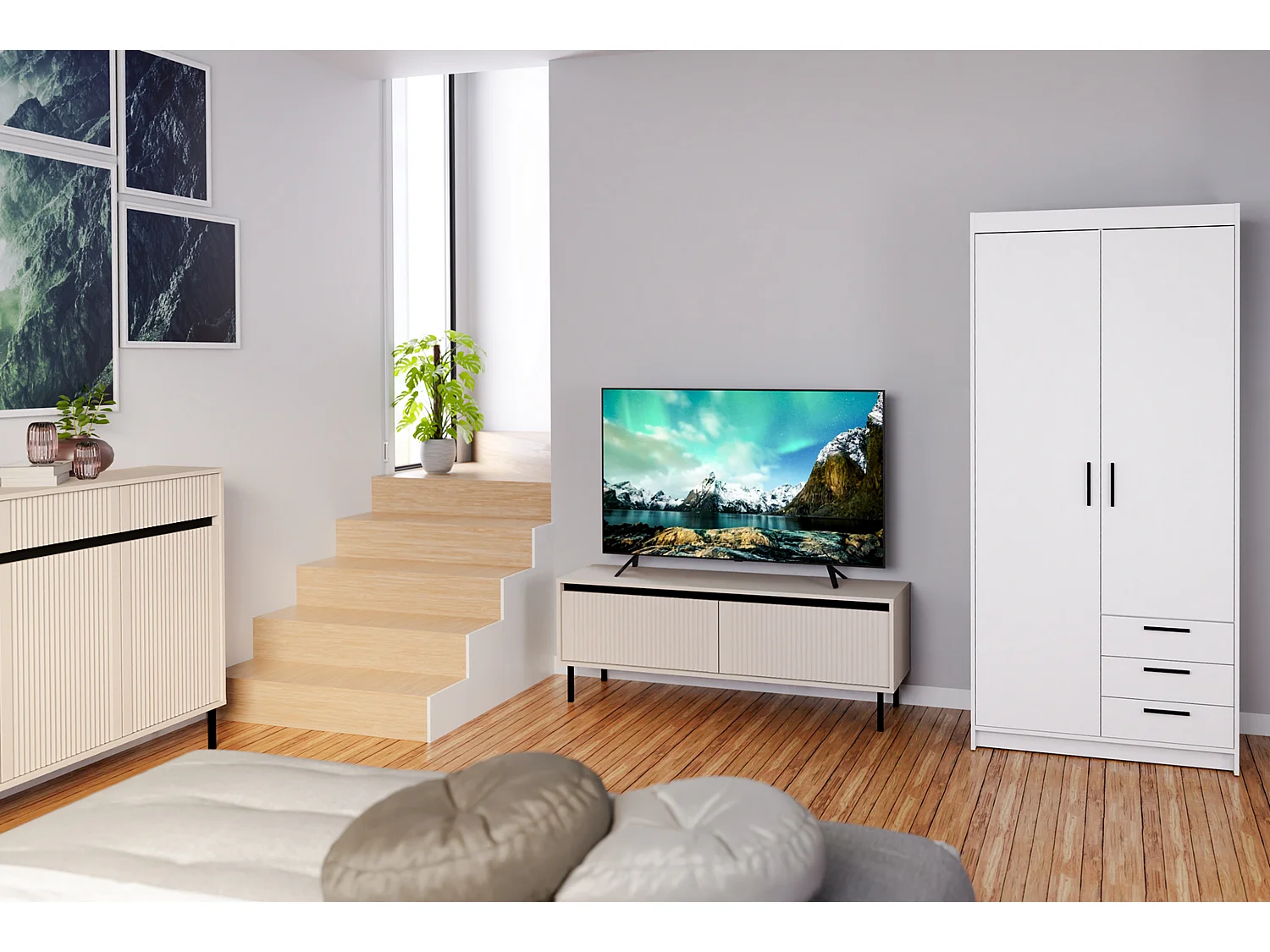 AX LIVING Armoire Storicos 2 portes 3 tiroirs blanc 90 cm