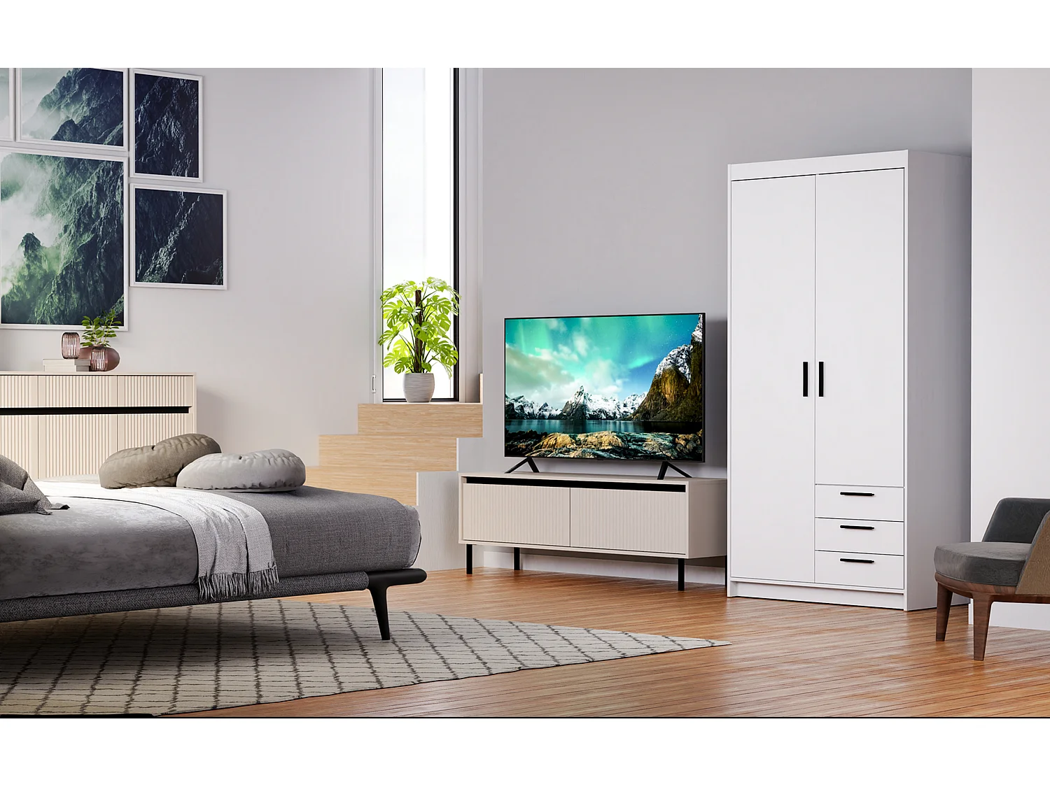 AX LIVING Armoire Storicos 2 portes 3 tiroirs blanc 90 cm