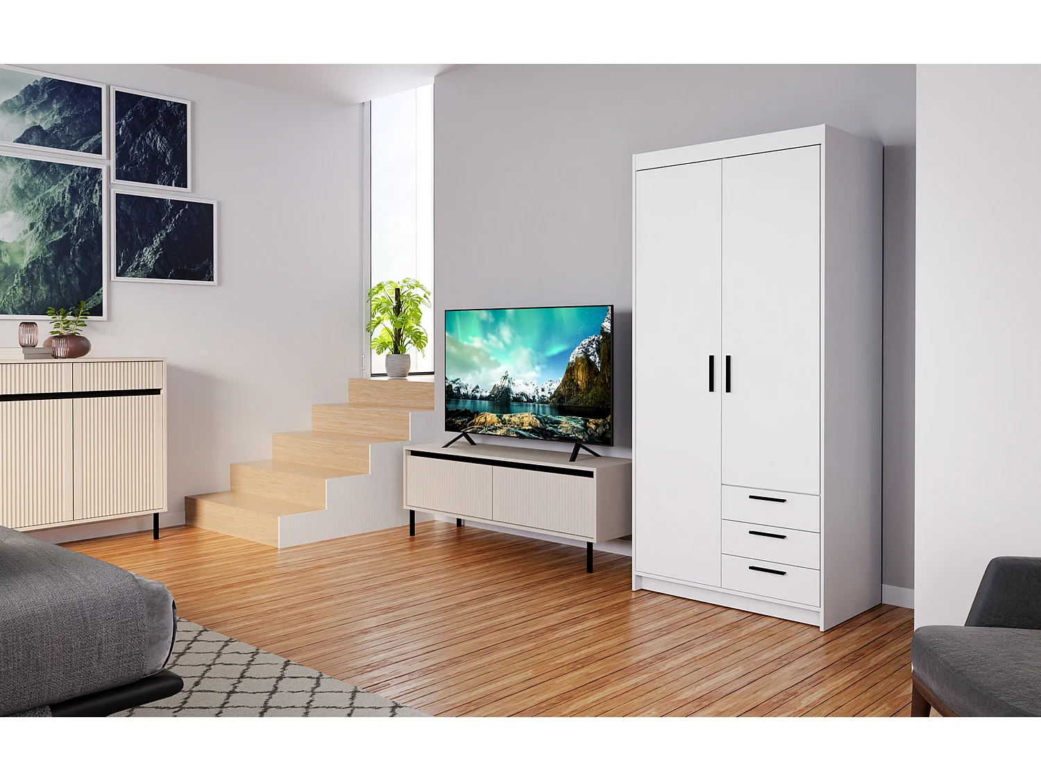 AX LIVING Armoire Storicos 2 portes 3 tiroirs blanc 90 cm