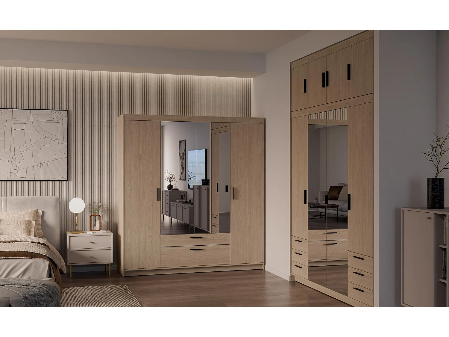 AX LIVING Armoire Storicos 4 portes avec miroir chêne huilé 176 cm