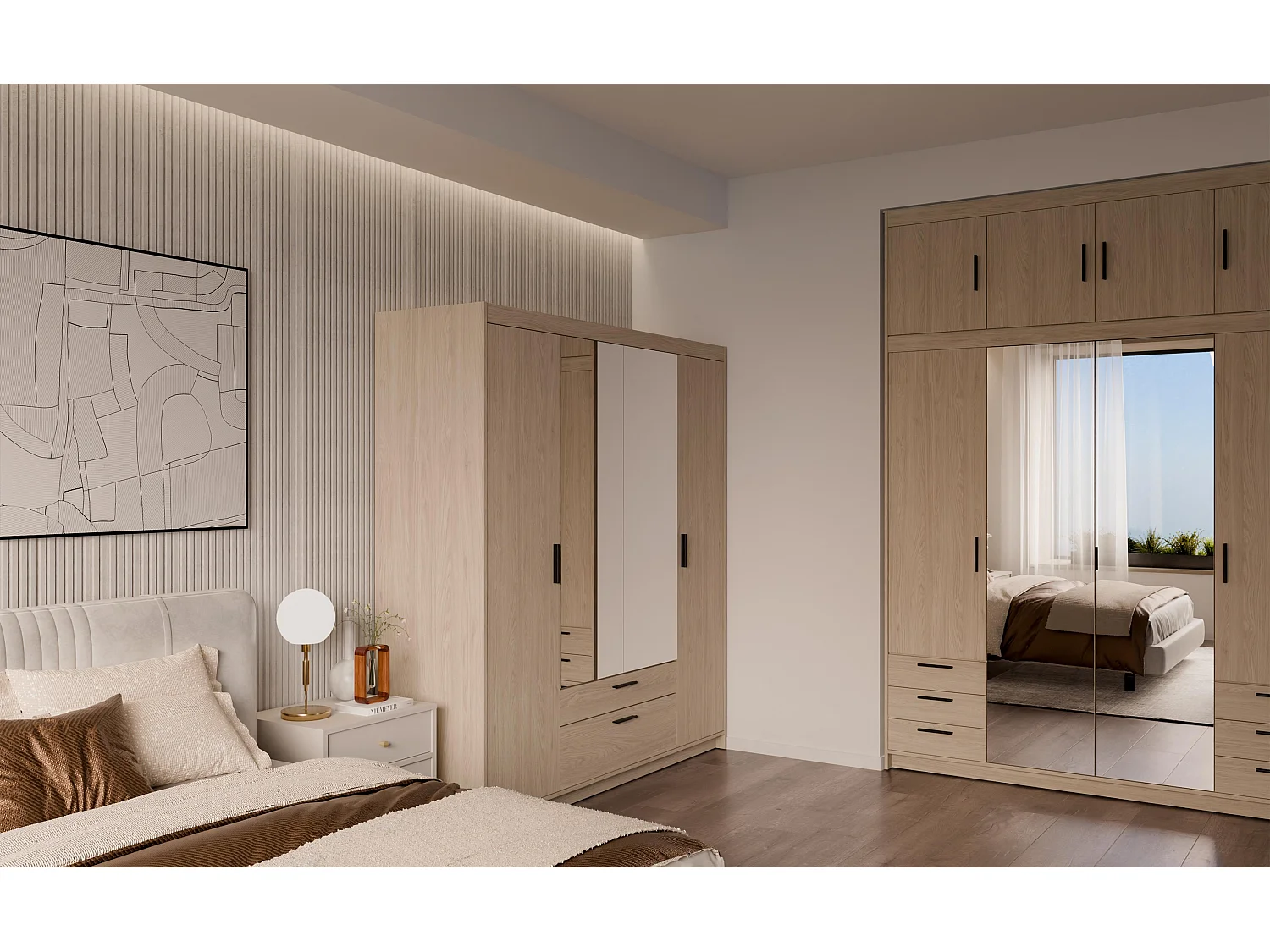 AX LIVING Armoire Storicos 4 portes avec miroir chêne huilé 176 cm