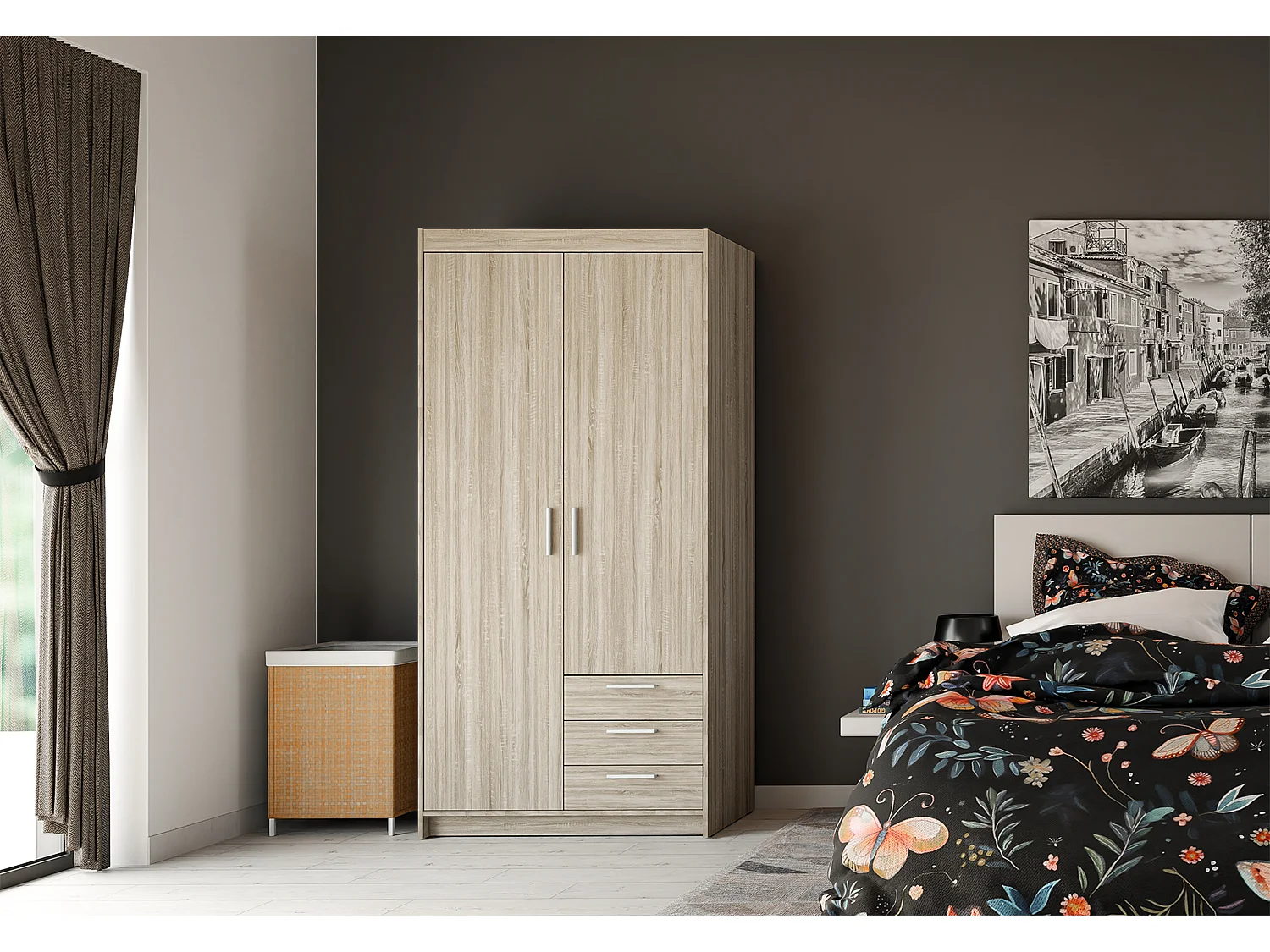 AX LIVING Armoire Storicos 2 portes 3 tiroirs chêne Sonoma 90 cm