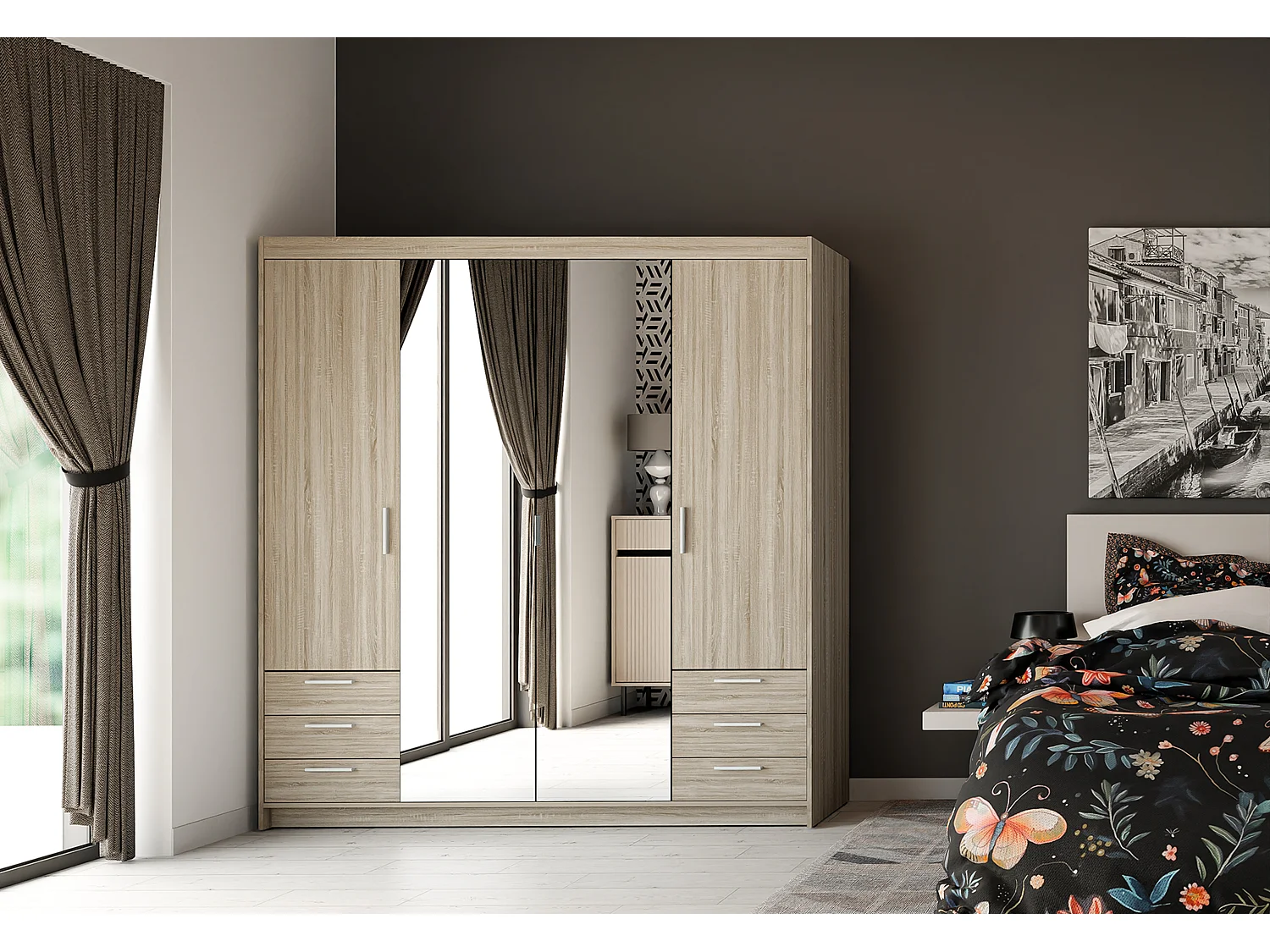AX LIVING Armoire Storicos 4 portes 6 tiroirs avec miroir chêne Sonoma 176 cm