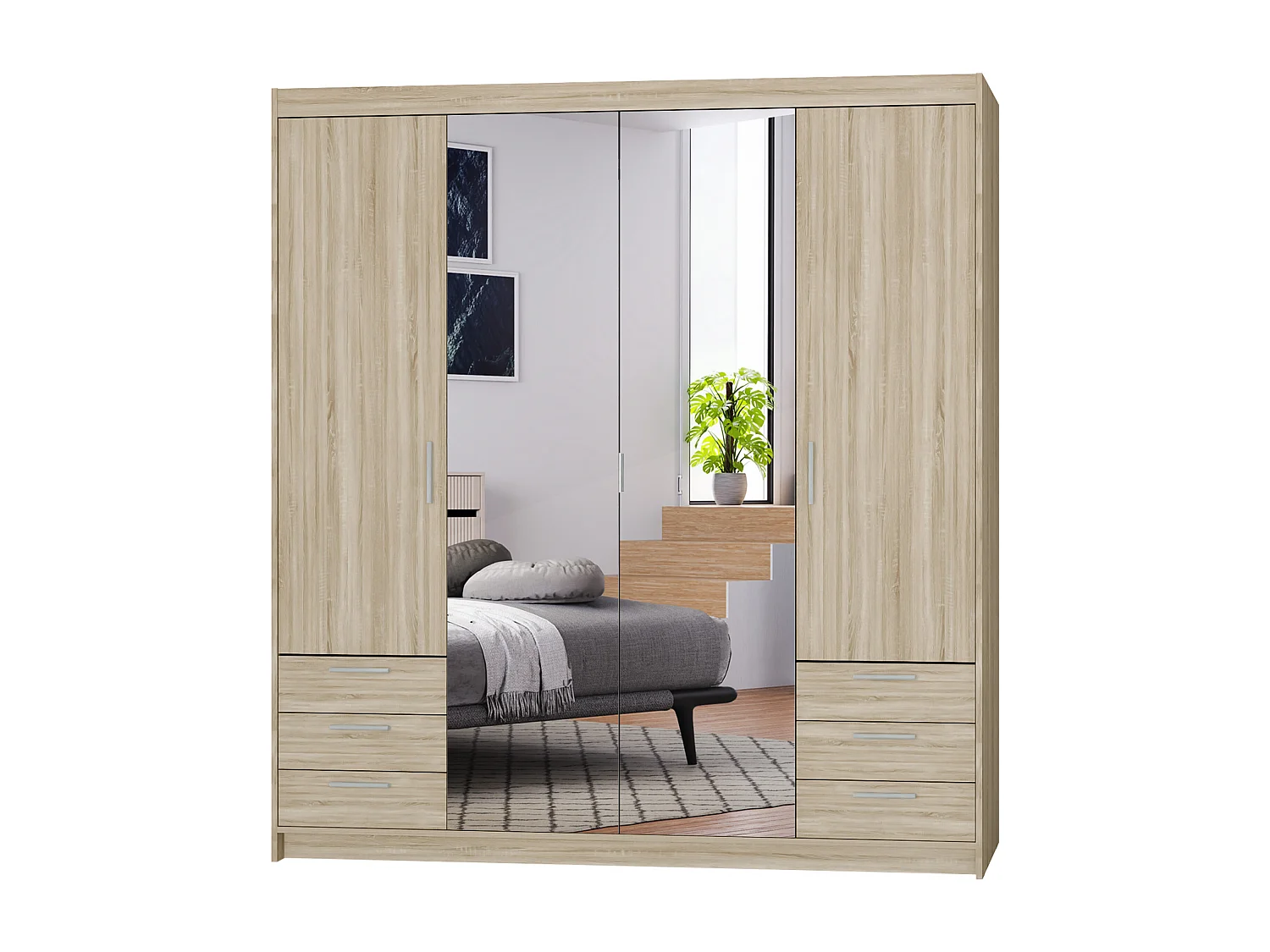 AX LIVING Armoire Storicos 4 portes 6 tiroirs avec miroir chêne Sonoma 176 cm