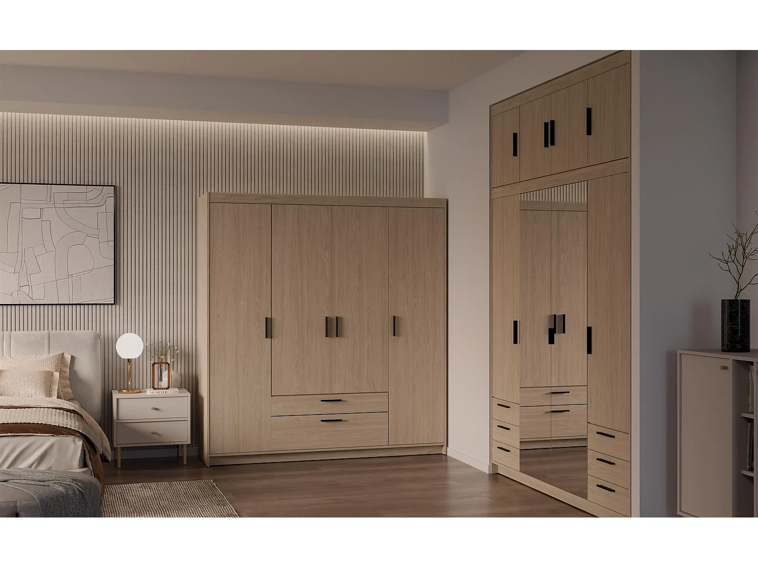 AX LIVING Armoire Storicos 4 portes chêne huilé 176 cm avec tiroirs